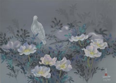 Oiseau blanc et fleurs (12), lithographie impressionniste de David Lee