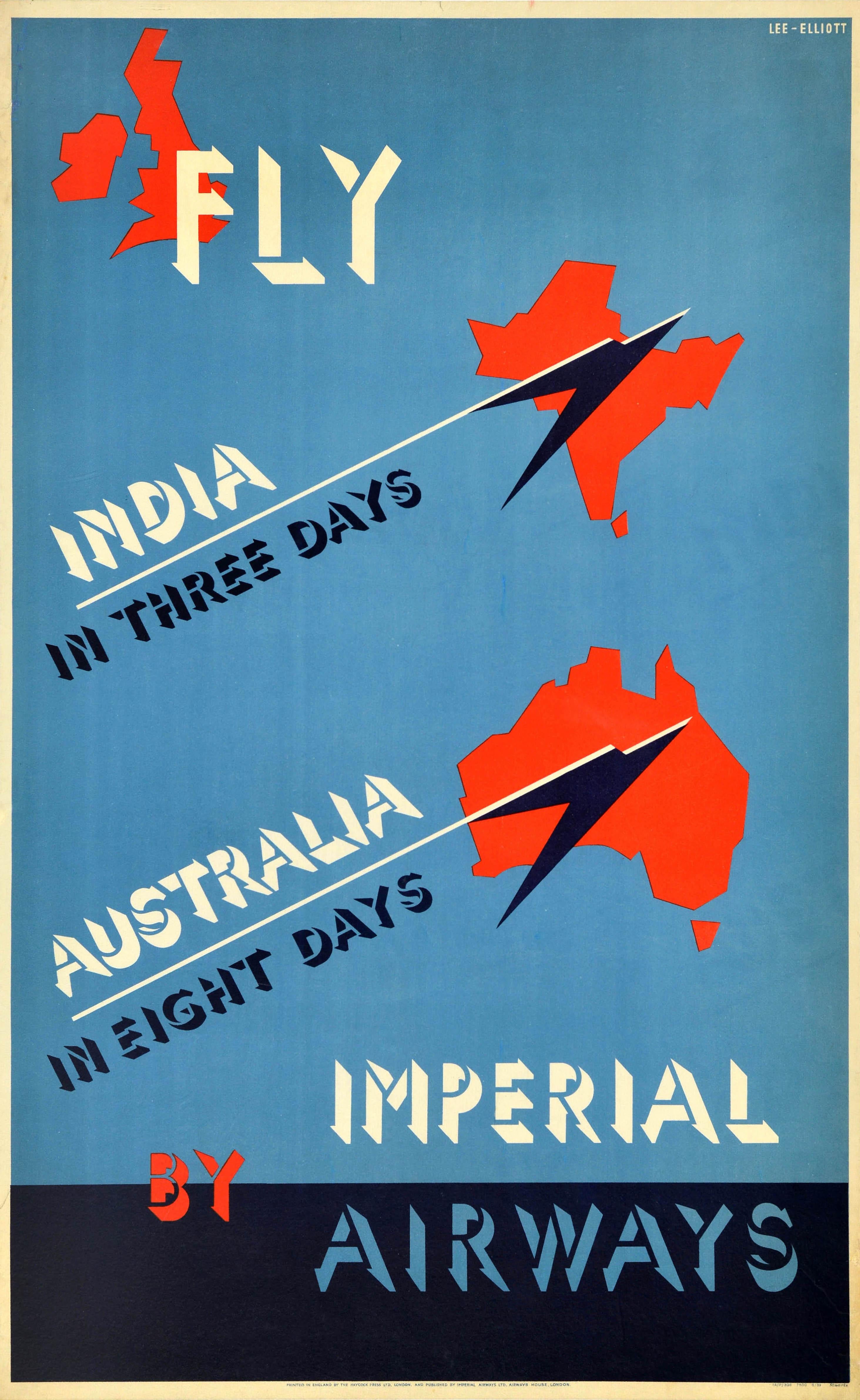 David Lee Theyre Elliott Print - Original Vintage Travel Advertising Poster Fly Imperial Airways India Australia