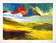 Lithographie signée, paysage abstrait, ciel expressionniste