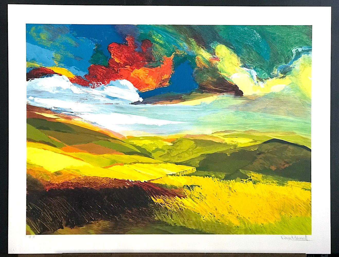 AFFIRMATION Signed Lithograph, Abstract Landscape, Multi Color Sky Yellow Field - Beige Abstract Print by David Leverett