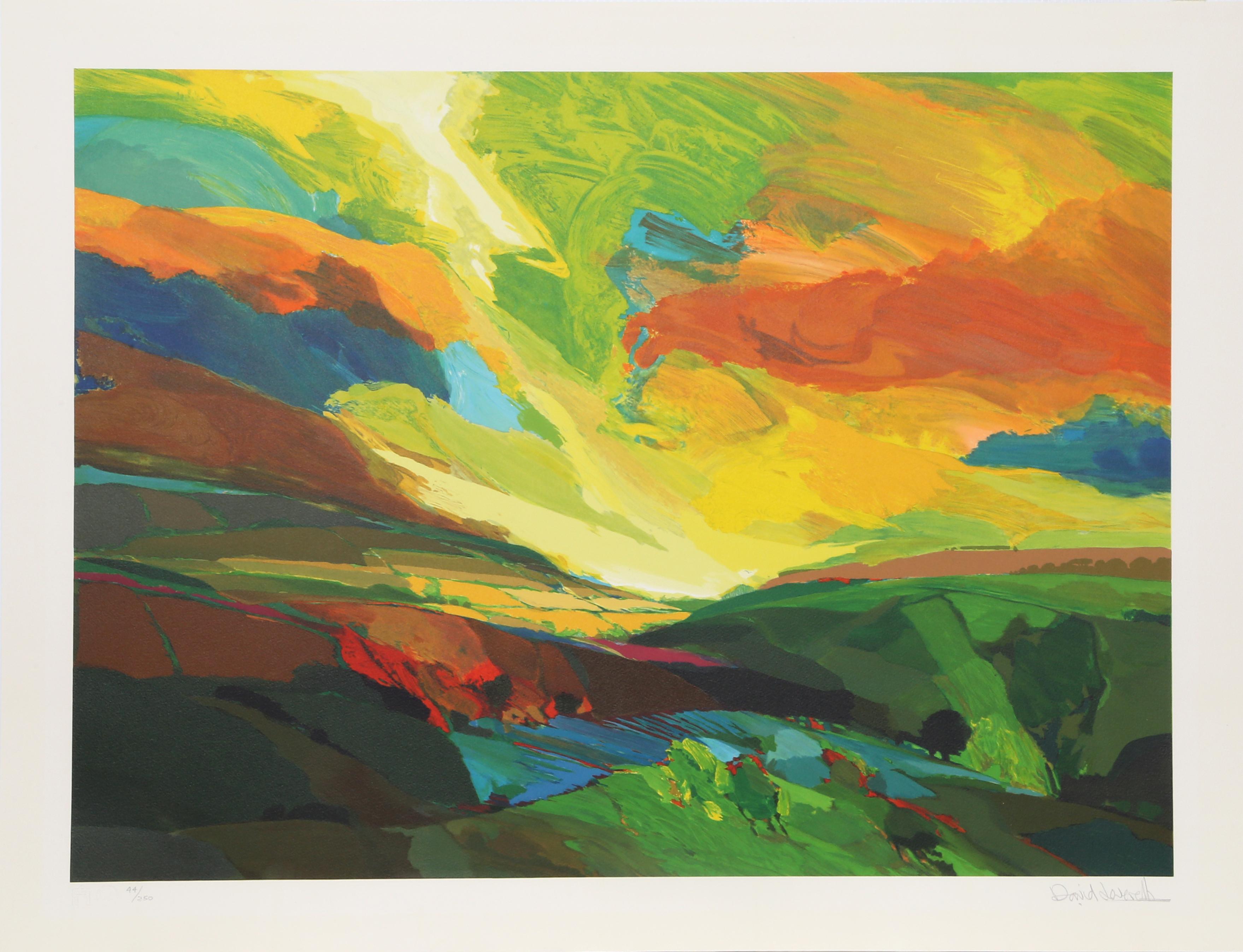 Greenfields, lithographie de paysage coloré de David Leverett