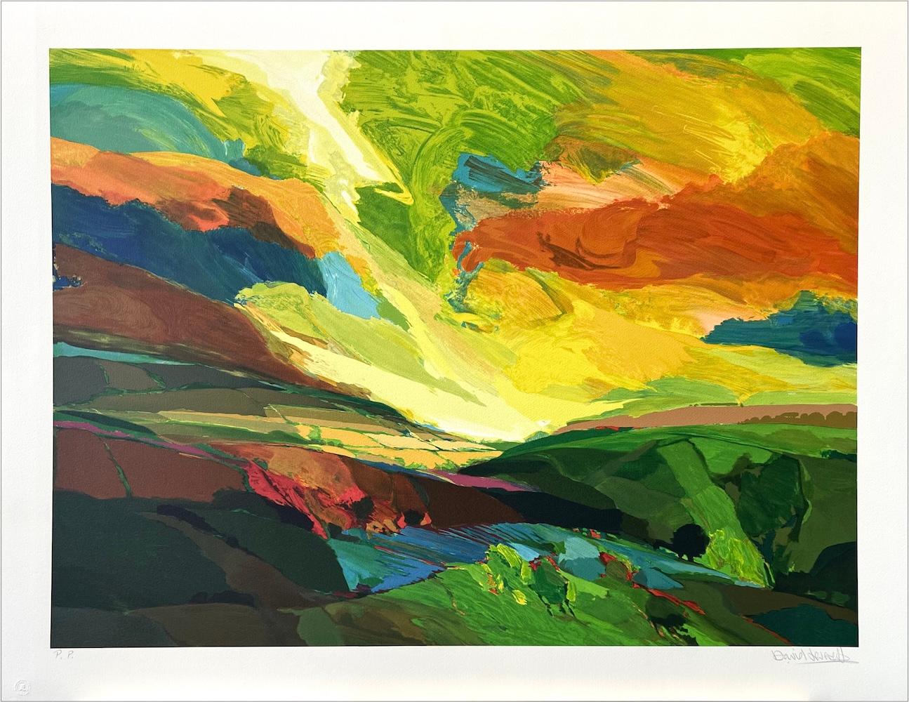 Landscape Print di David Leverett - Litografia firmata GREENFIELDS, Serie Giardino Sacro, Paesaggio espressionista