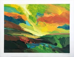 Lithographie signée GREENFIELDS, série Sacred Garden, paysage expressionniste