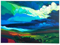 LANDLINES, lithographie signée, série Sacred Garden, paysage expressionniste, bleu