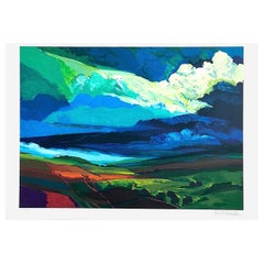 Vintage LANDLINES Signed Lithograph, Sacred Garden Series, Expressionist Landscape, Blue