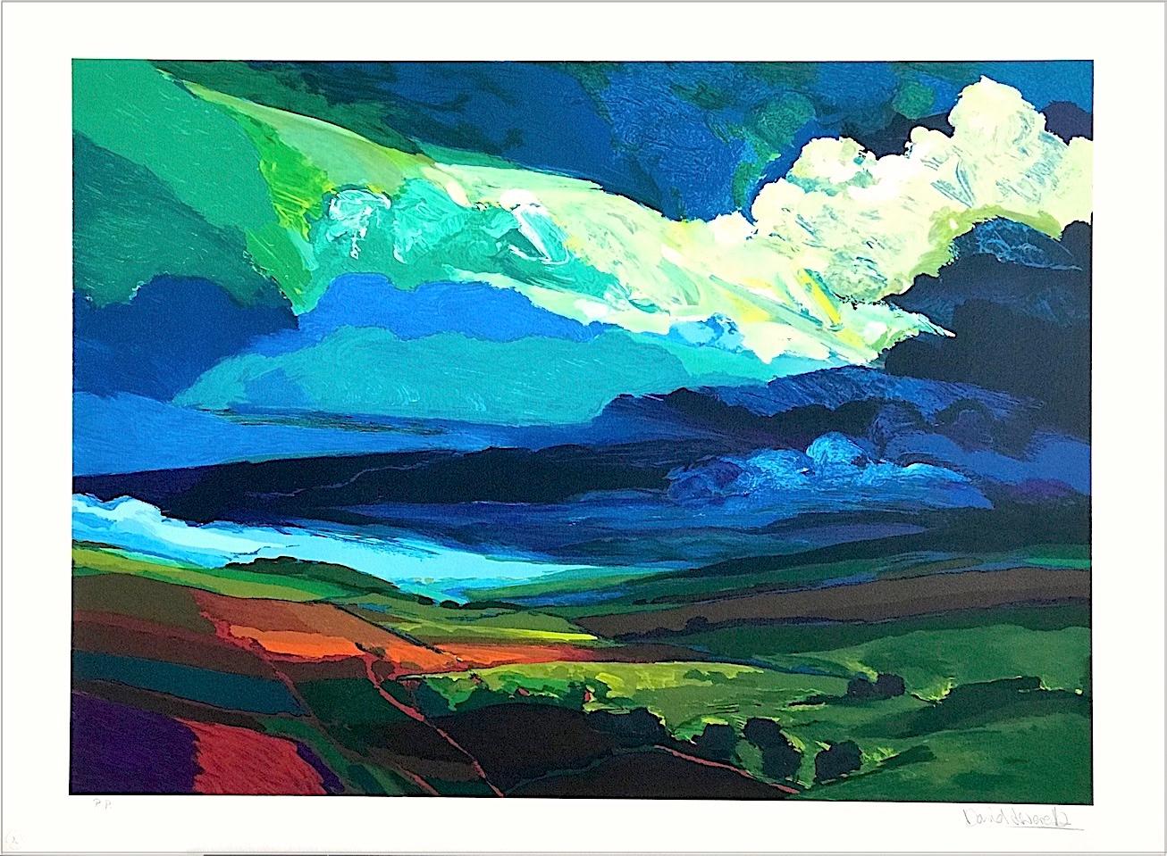 Landscape Print di David Leverett - LANDLINES Litografia firmata, Serie Giardino Sacro, Paesaggio espressionista, Blu