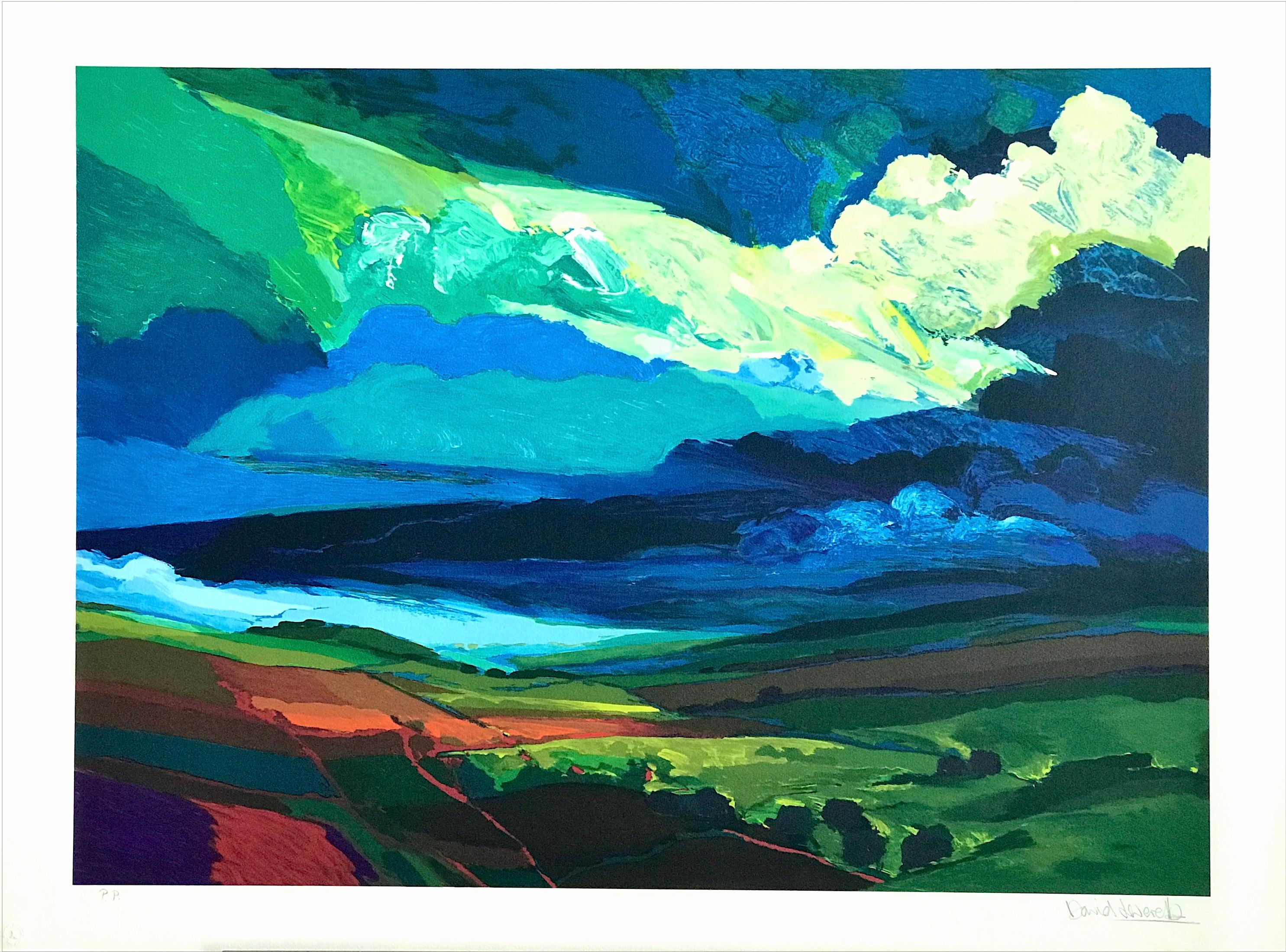 LANDLINES Signed Lithograph, Sacred Garden Series, Expressionist Landscape, Blue