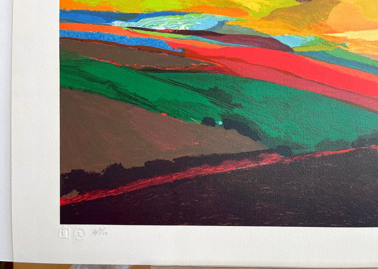 SUMMER RUSH Litografía firmada, Serie Jardín Sagrado, Paisaje abstracto - Landscape Print Naranja de David Leverett
