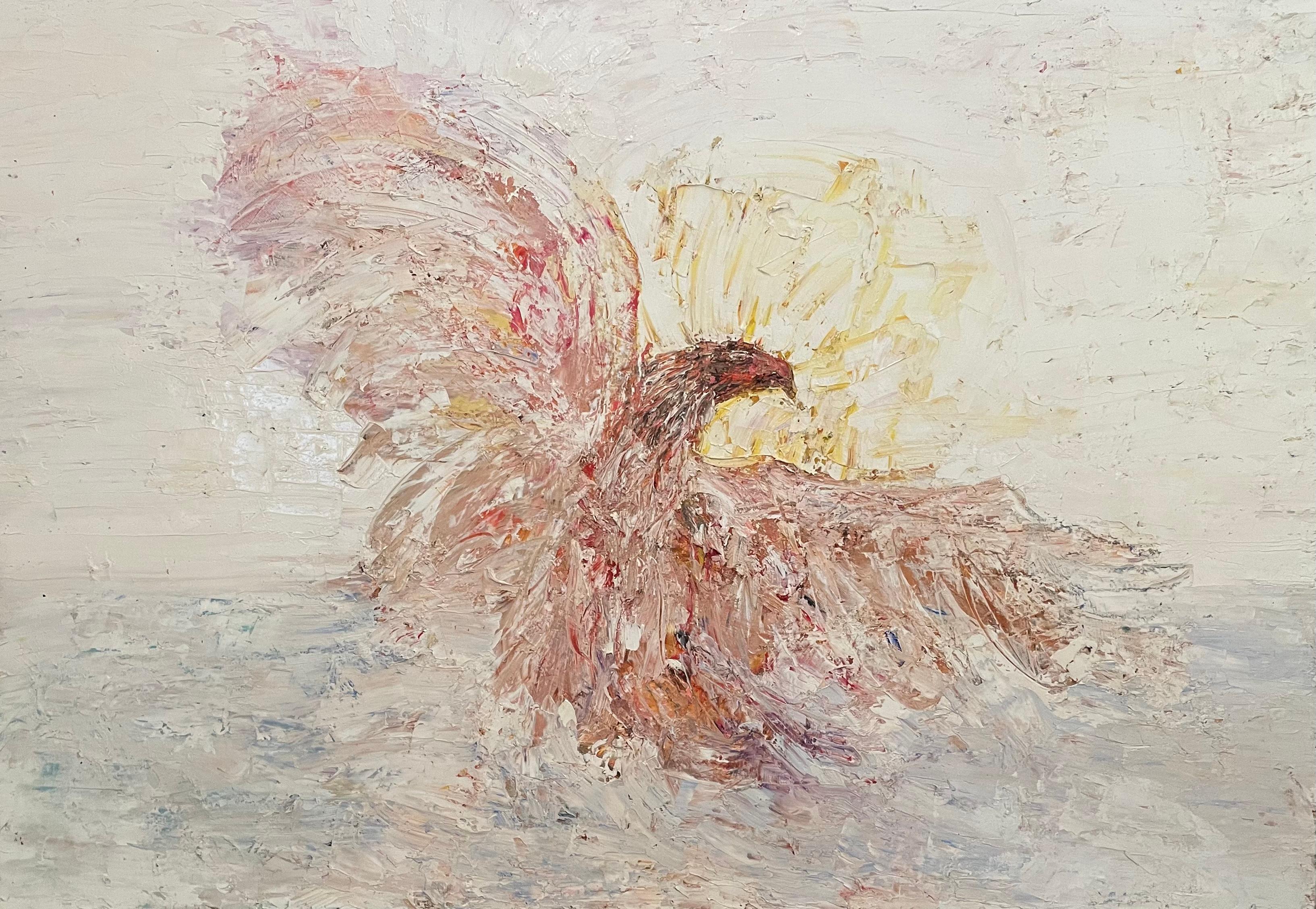 « L'aigle » - Grand oiseau orange et blanc - peinture à l'huile expressionniste abstraite