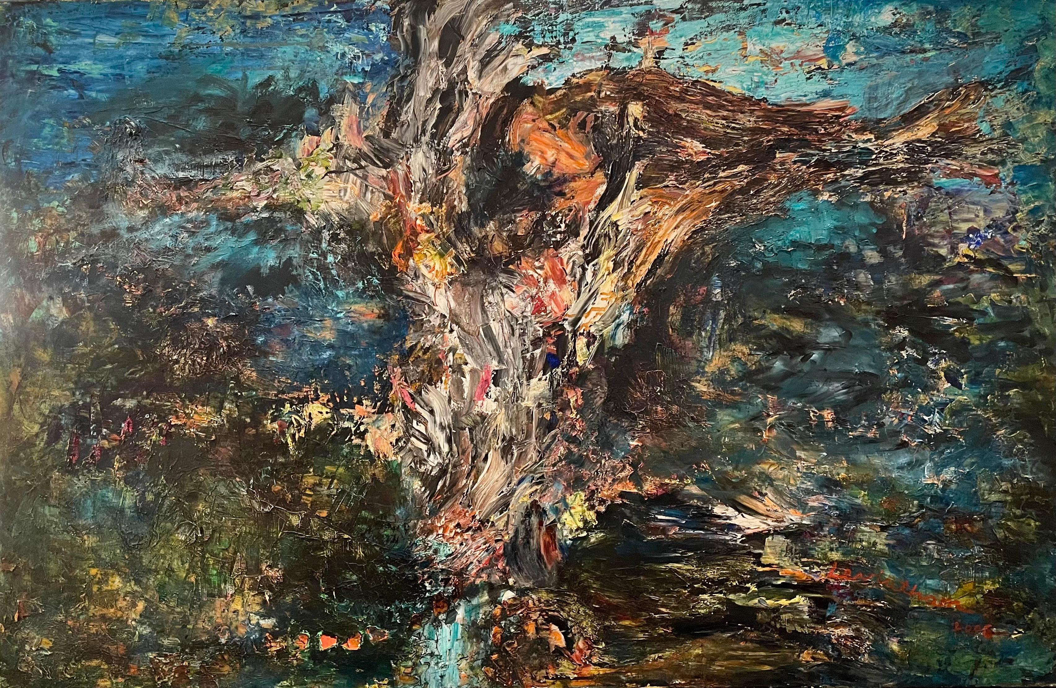 "War Hero" by David Leviathan is a poignant piece that measures 37.5" x 57". As an abstract expressionist work, it captures the tumult of battle and the solitude of valor through its intense, contrasting colors and dynamic brushstrokes. The deep