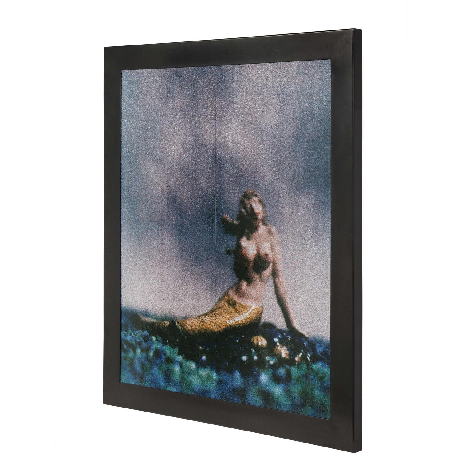 Large and unique Scanamural photographic print, Untitled from the series Die Nibelungen, on silver lame acrylic, of mermaid with custom black steel frame by David Levinthal, American 1993.  This is a unique variation and is not in the edition.  The