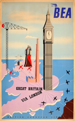 Affiche de voyage vintage d'origine au design mi-siècle moderne, BEA Great Britain Via London