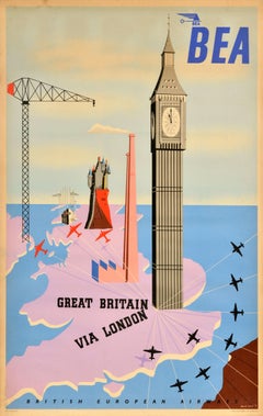 Affiche publicitaire originale de voyage vintage BEA Great Britain Via London Lewis