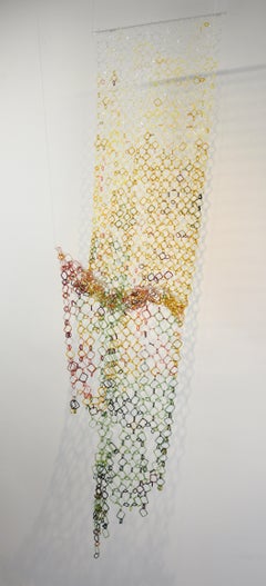 Fall Cascade, Long Hanging Sculpture, Torch-Worked Glass, Chain Maille Links