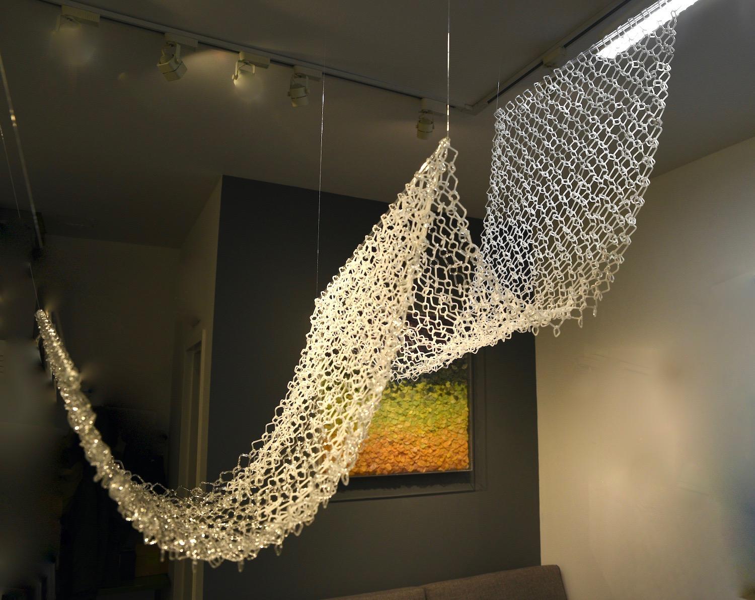 David Licata Abstract Sculpture - Frozen Falls, Long Hanging Sculpture of Torch-Worked Glass in Chain Maille Links