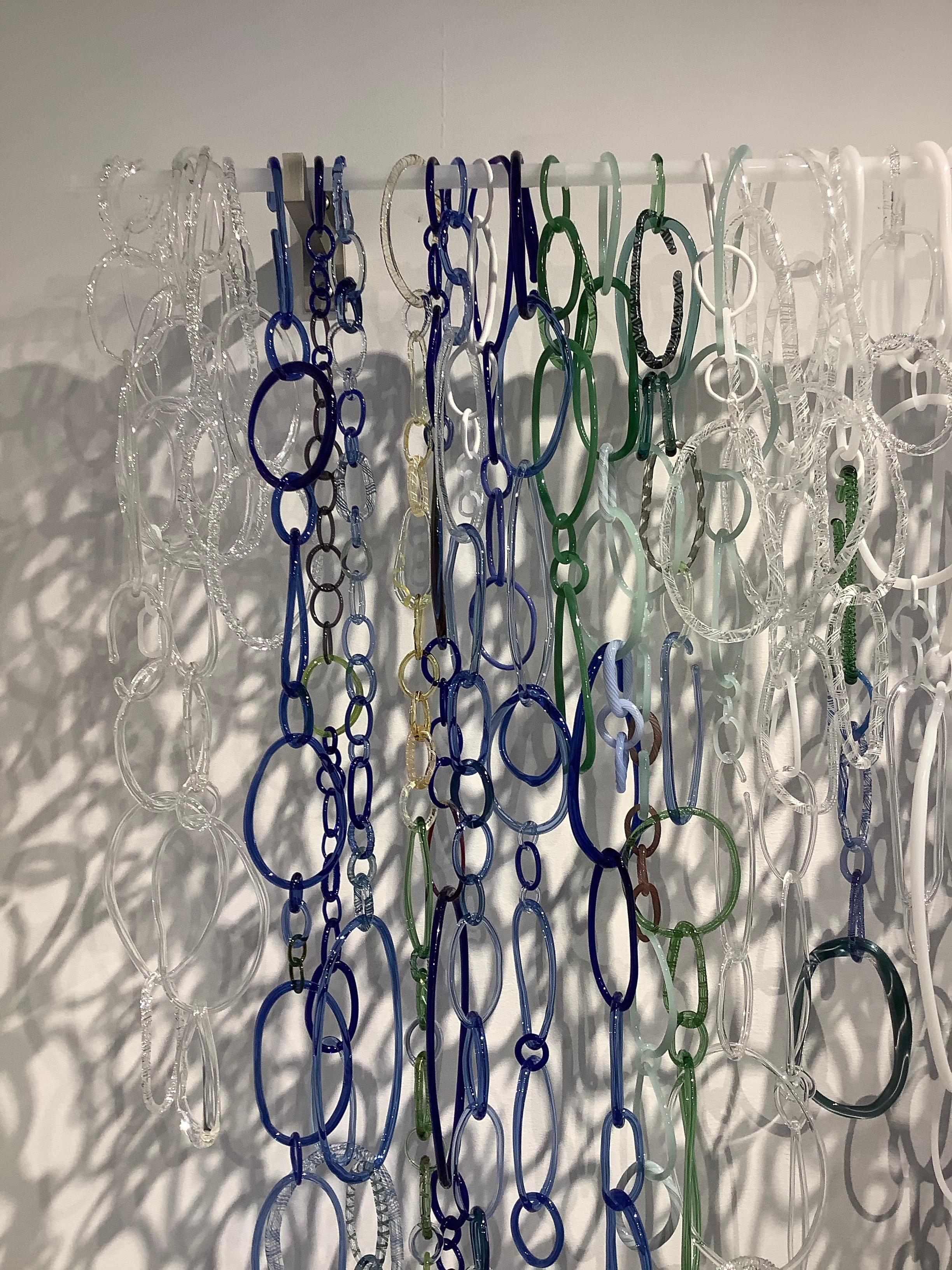 Frozen II, Hanging Sculpture of Torch-Worked Glass in White, Blue, Green Loops - Gray Abstract Sculpture by David Licata