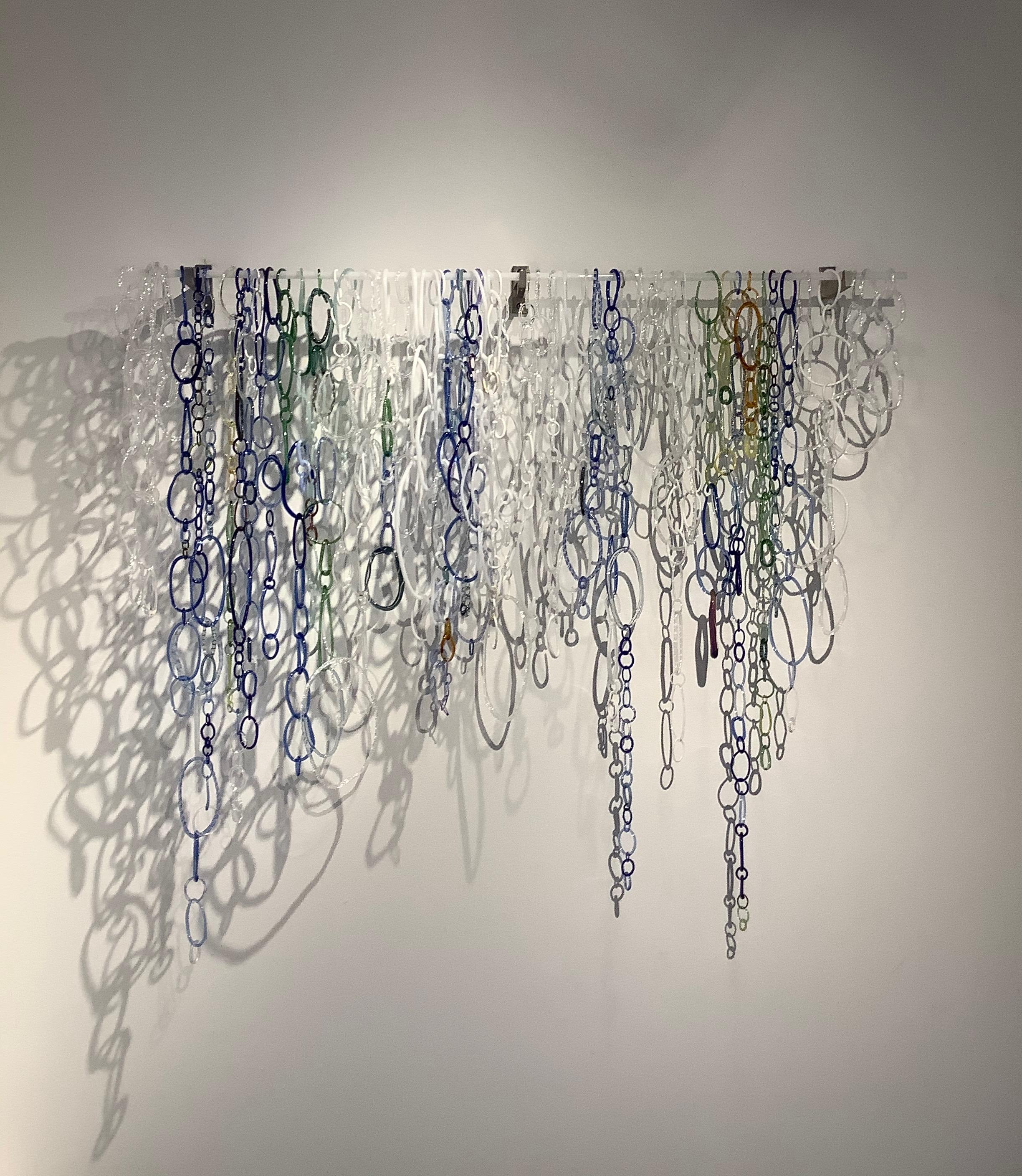 David Licata Abstract Sculpture - Frozen II, Hanging Sculpture of Torch-Worked Glass in White, Blue, Green Loops
