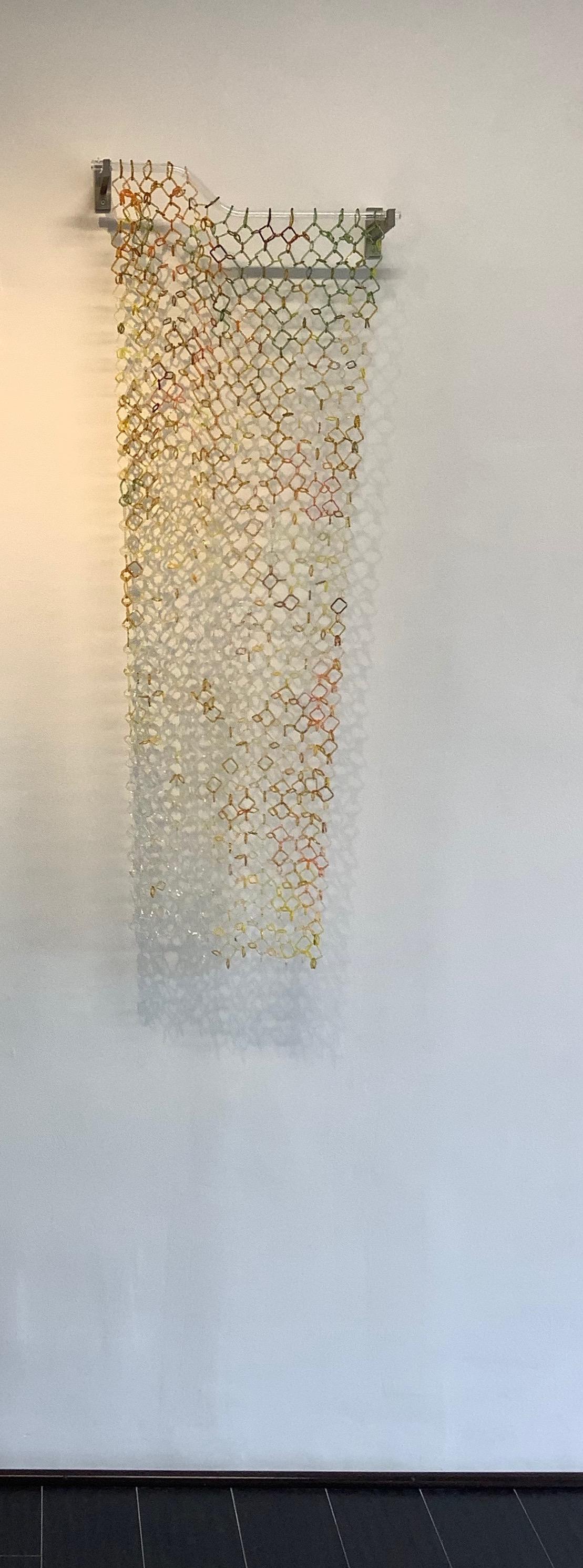Lichen Two, Long Hanging Sculpture, Torch-Worked Glass, Chain Maille Links - Brown Abstract Sculpture by David Licata