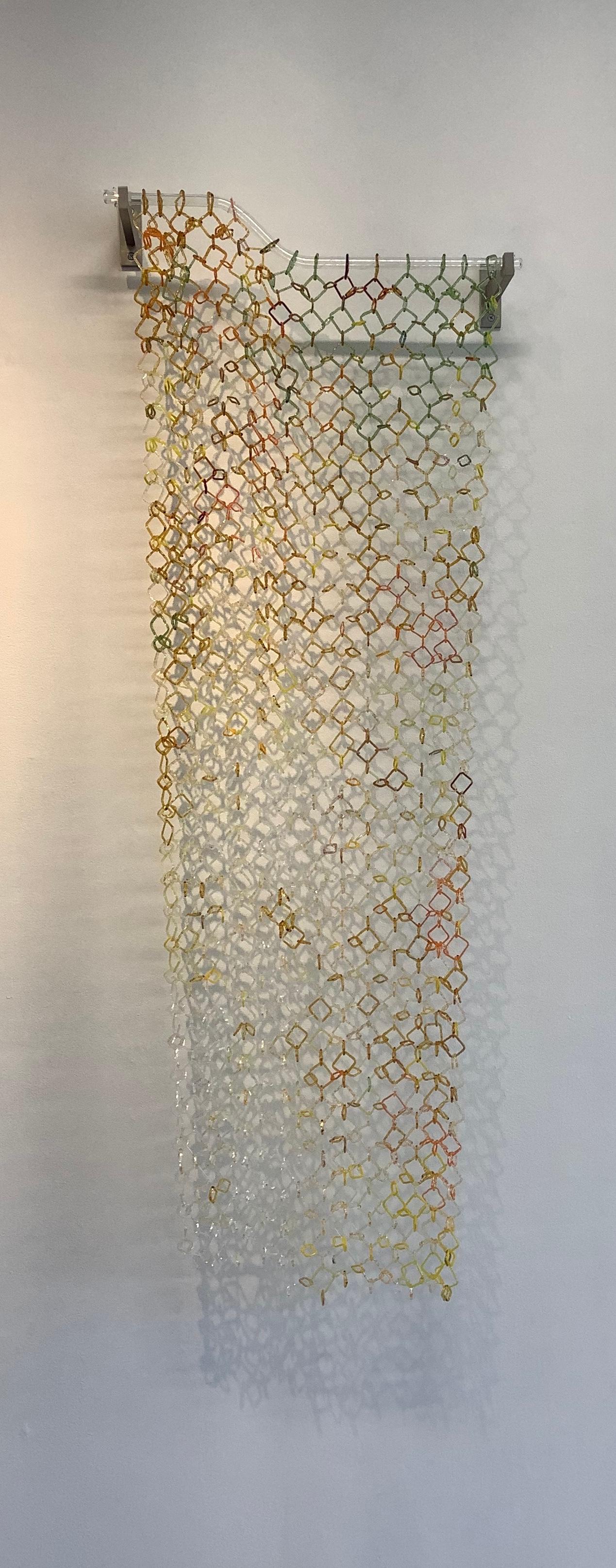 David Licata Abstract Sculpture - Lichen Two, Long Hanging Sculpture, Torch-Worked Glass, Chain Maille Links