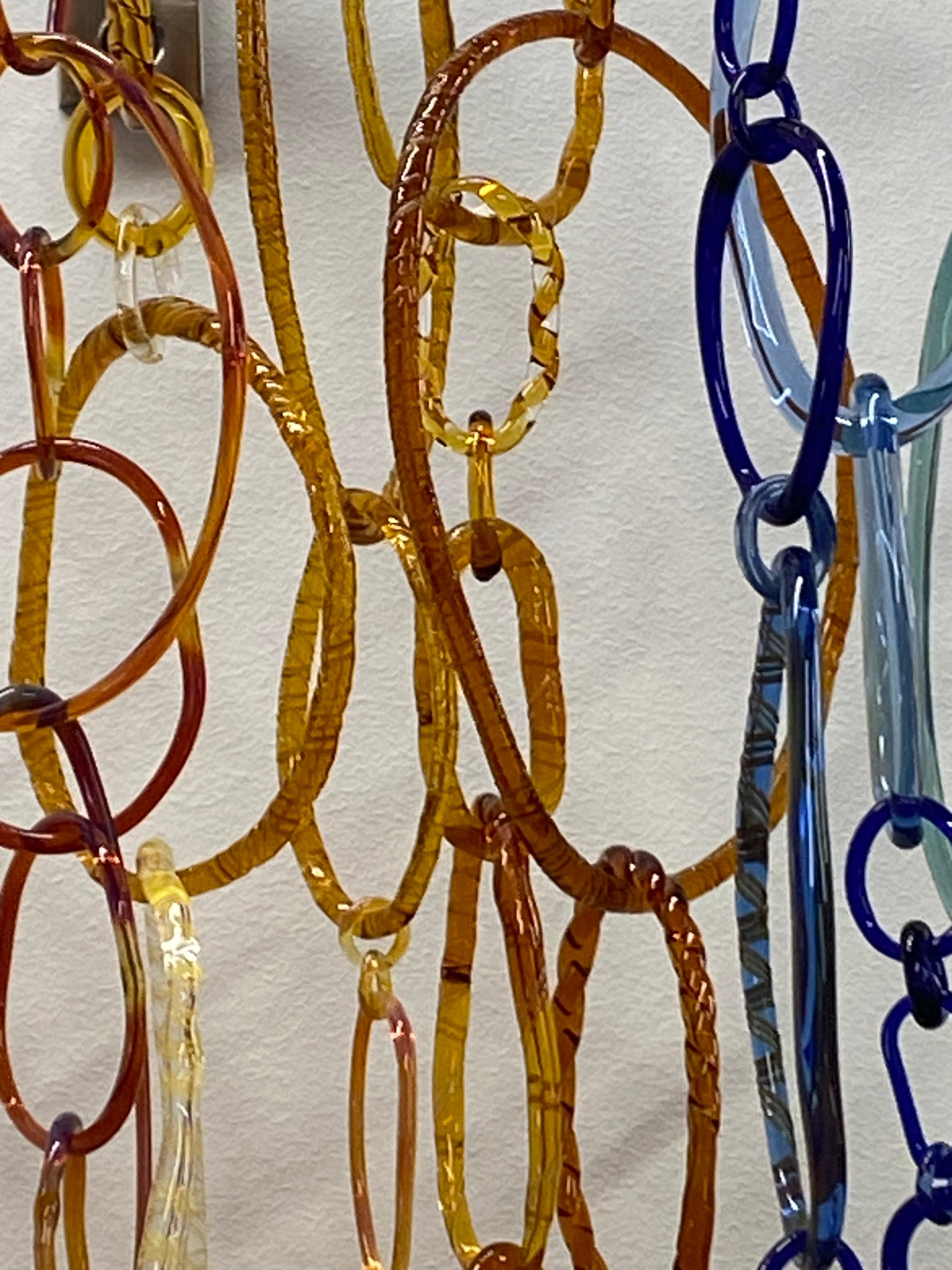 Lover's Leap, Hanging Wall Sculpture, Blue, Green, Golden Orange Glass Loops 11