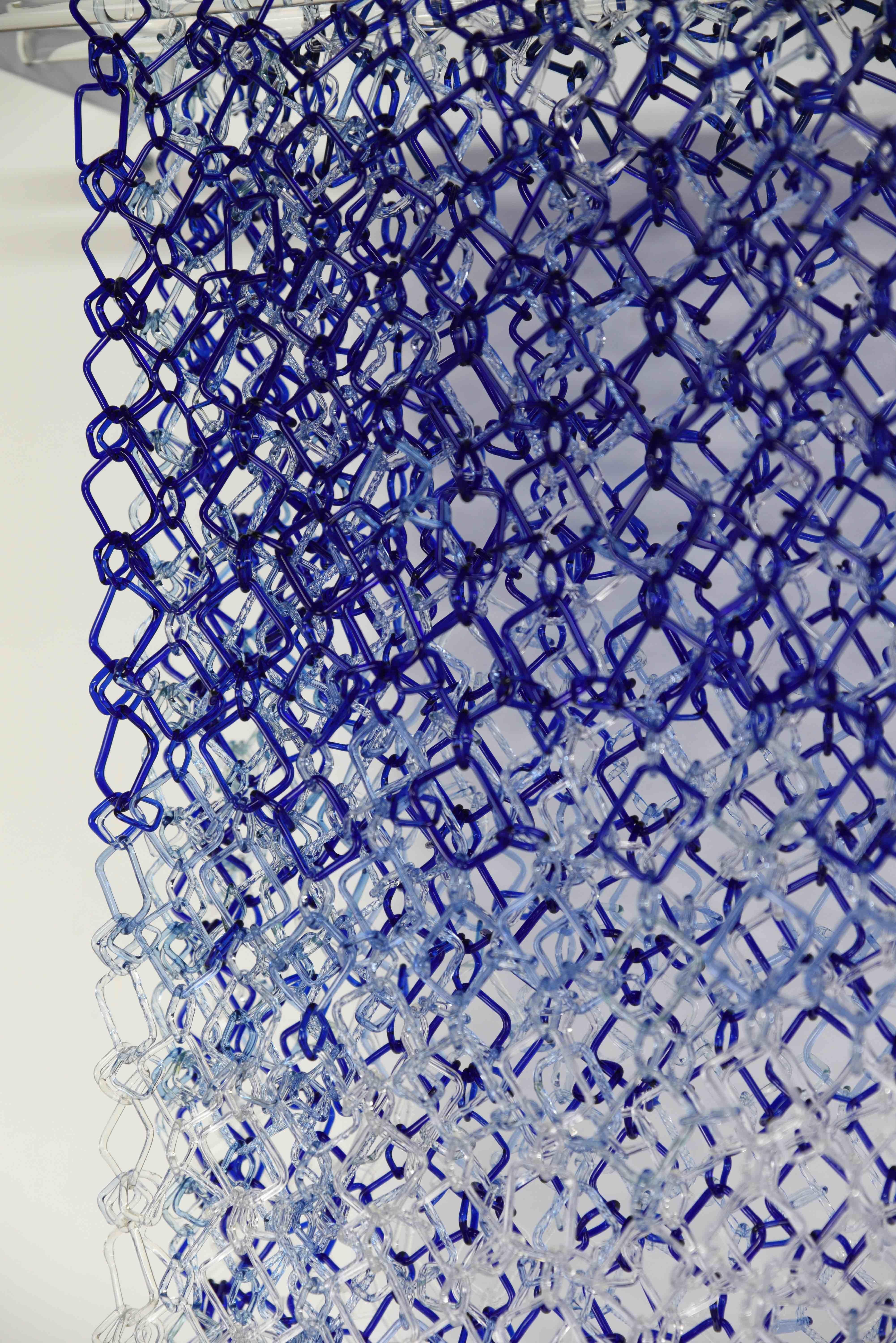 Low Tide, Hanging Sculpture, Blue, Violet Torch-Worked Glass Chain Maille Links 5