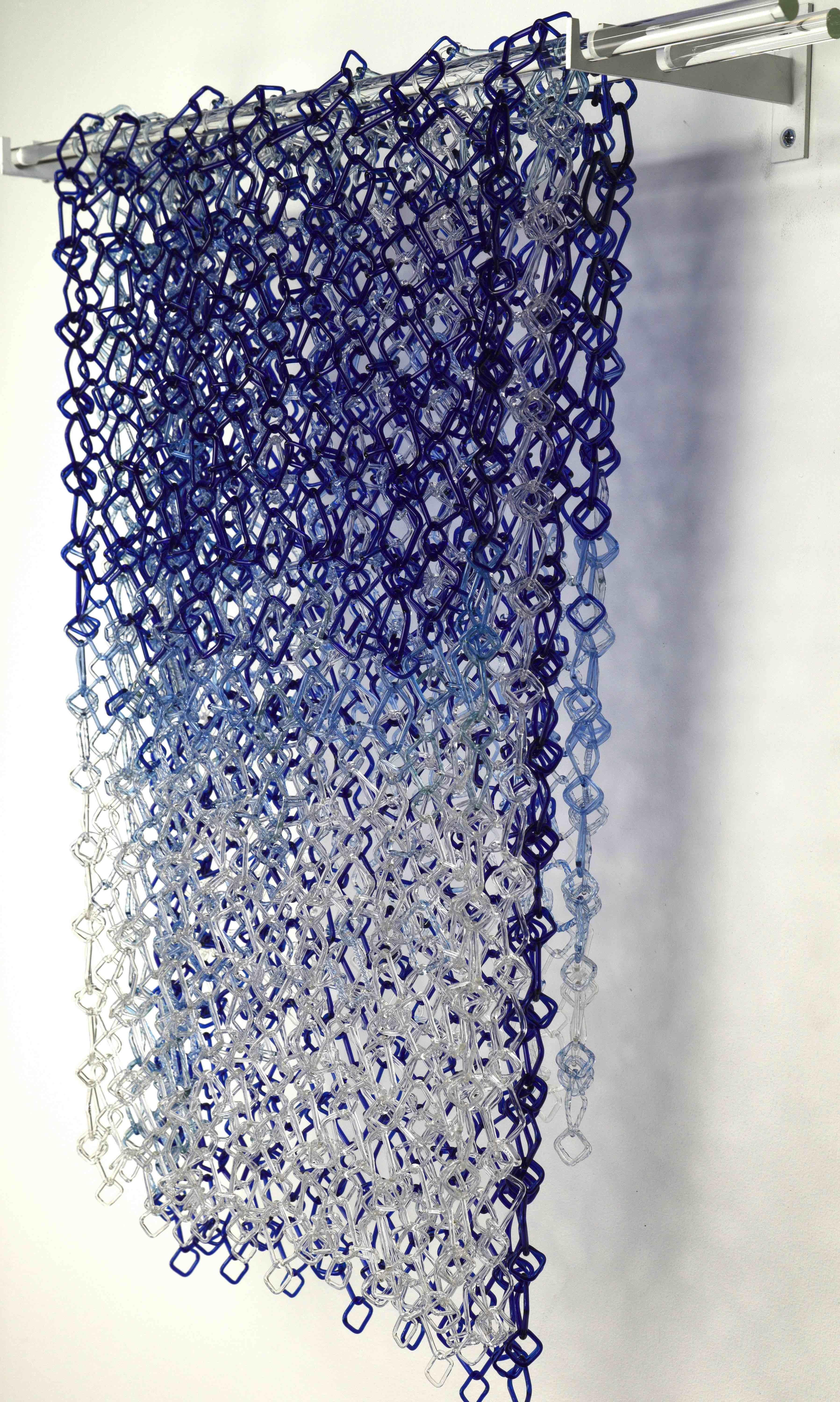 Low Tide, Hanging Sculpture, Blue, Violet Torch-Worked Glass Chain Maille Links 3