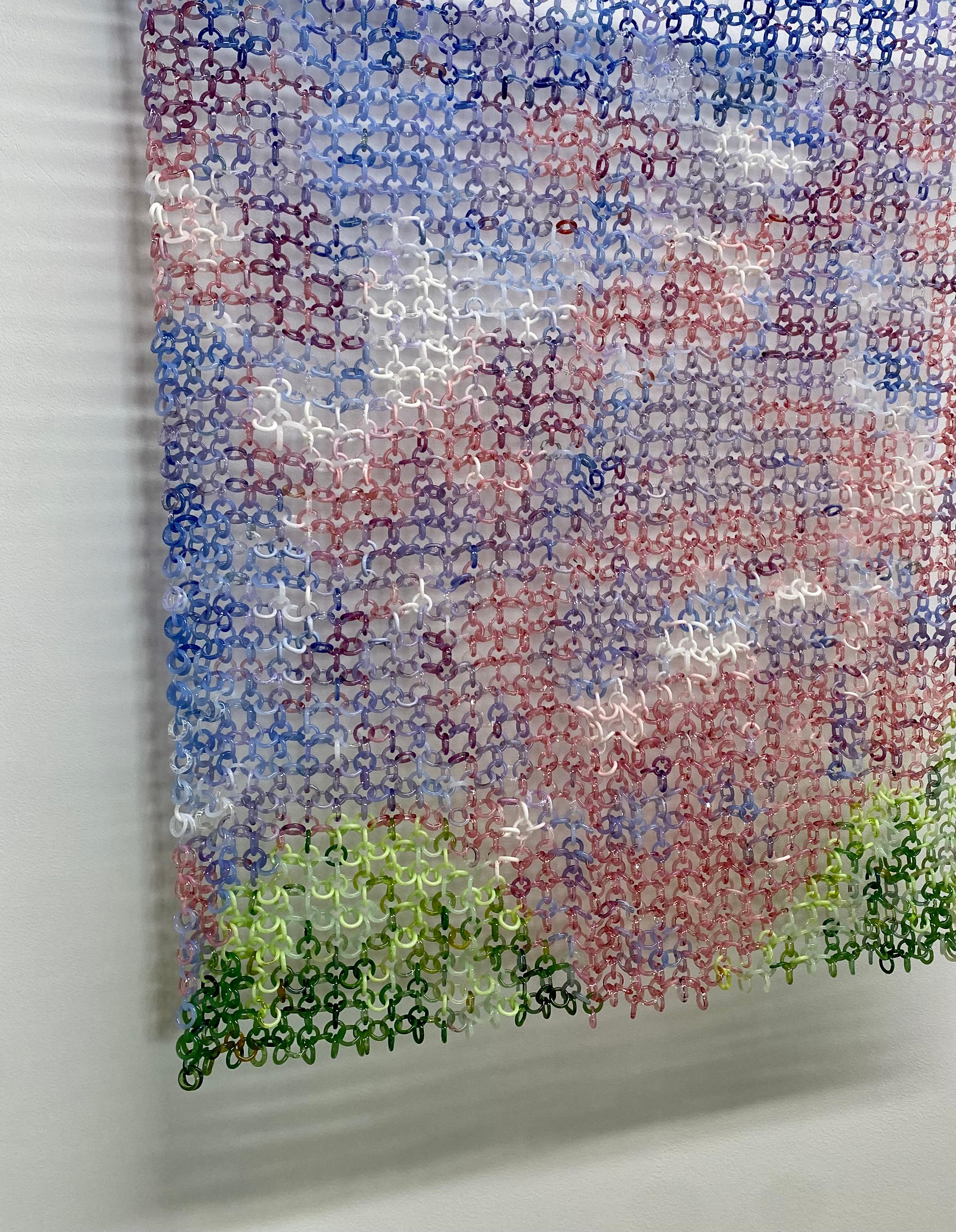 Magic Hour, Hanging Torch-Worked Glass Chain Maille, Blue, Red, White, Green - Contemporary Sculpture by David Licata