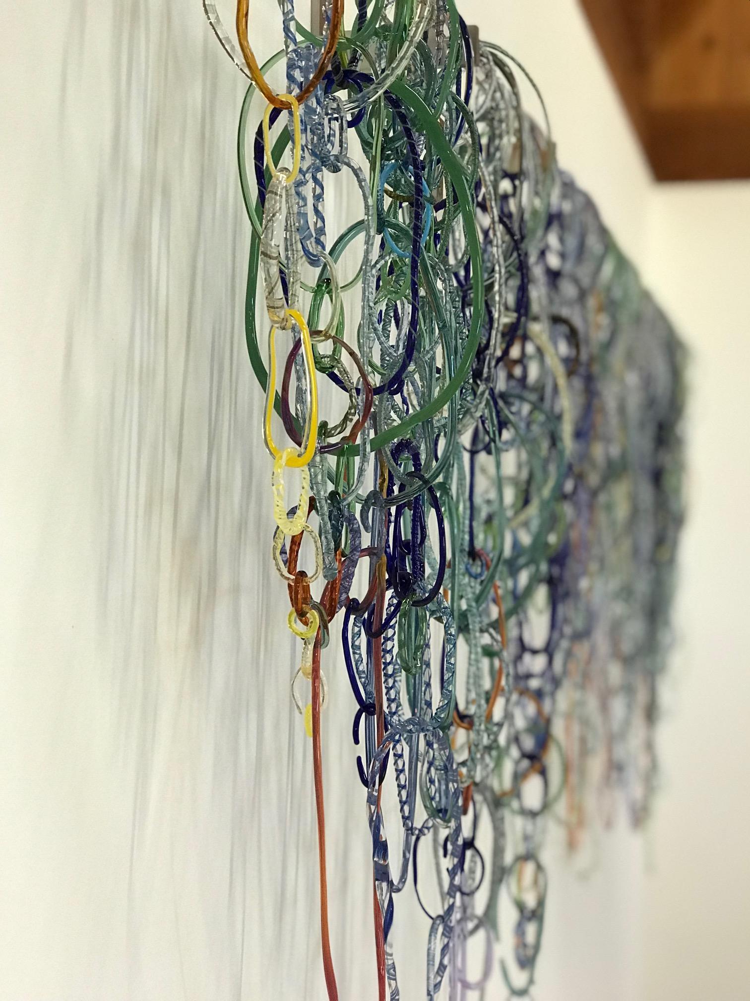 Mianas Moss, Large Hanging Wall Sculpture with Blue, Green, Brown Glass Loops - Beige Abstract Sculpture by David Licata