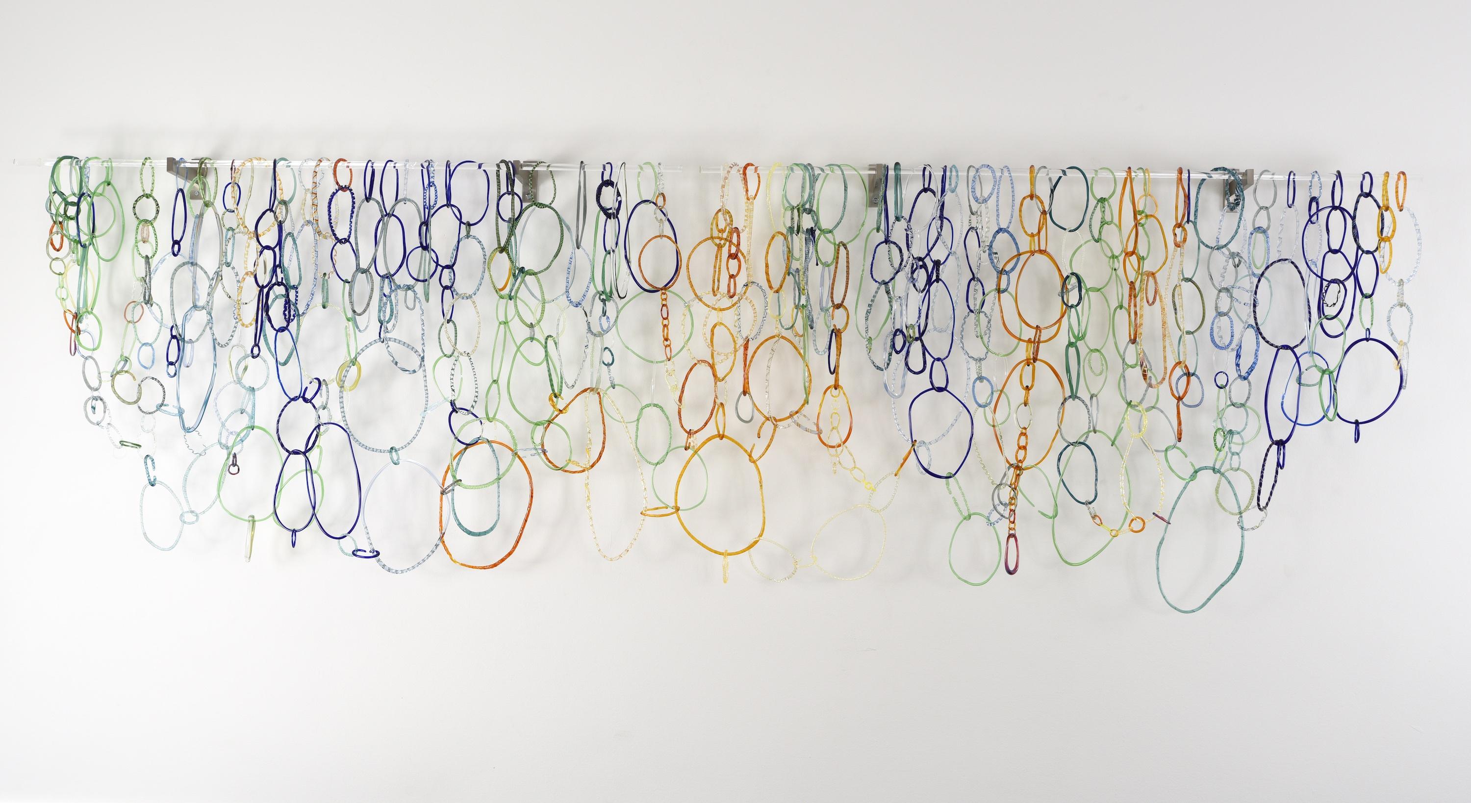 Rockwood Brook I, Large Hanging Wall Sculpture, Blue Orange Green Glass Loops - Gray Abstract Sculpture by David Licata
