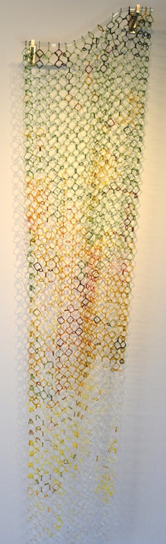 Wall Moss, Long Hanging Sculpture of Torch-Worked Glass in Chain Maille Links