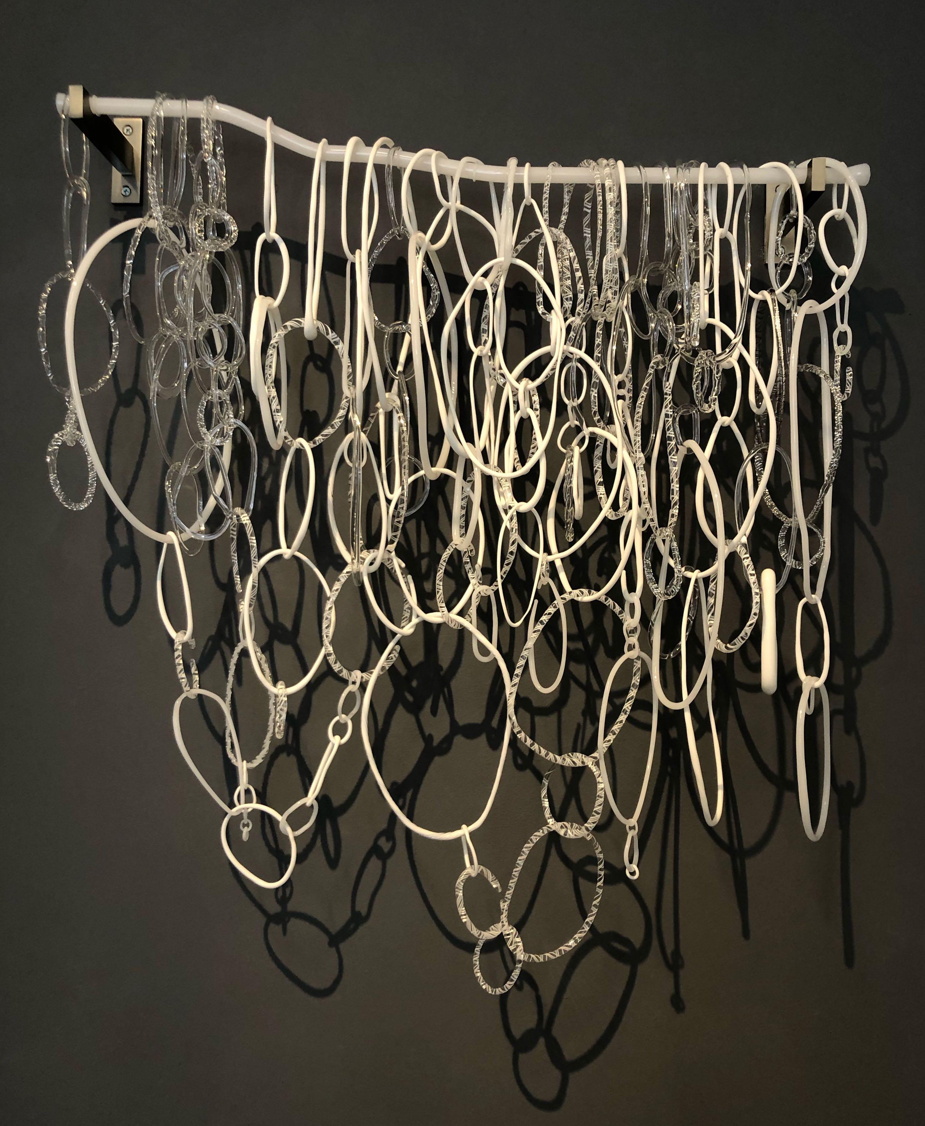 David Licata Abstract Sculpture - Winter Falls, Hanging Wall Sculpture, White, Clear Torch Worked Glass Loops