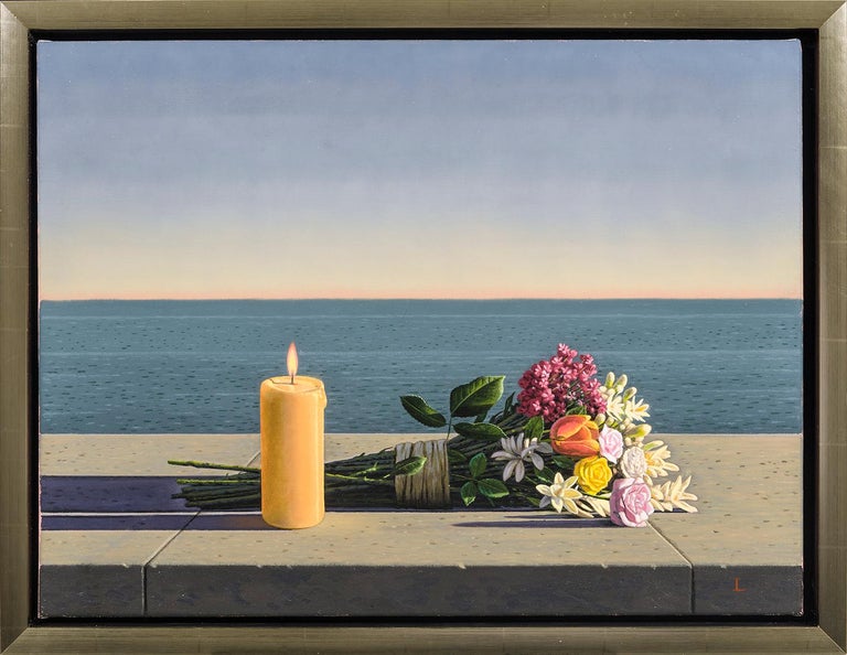 Candle and Flowers - Gray Landscape Painting by David Ligare