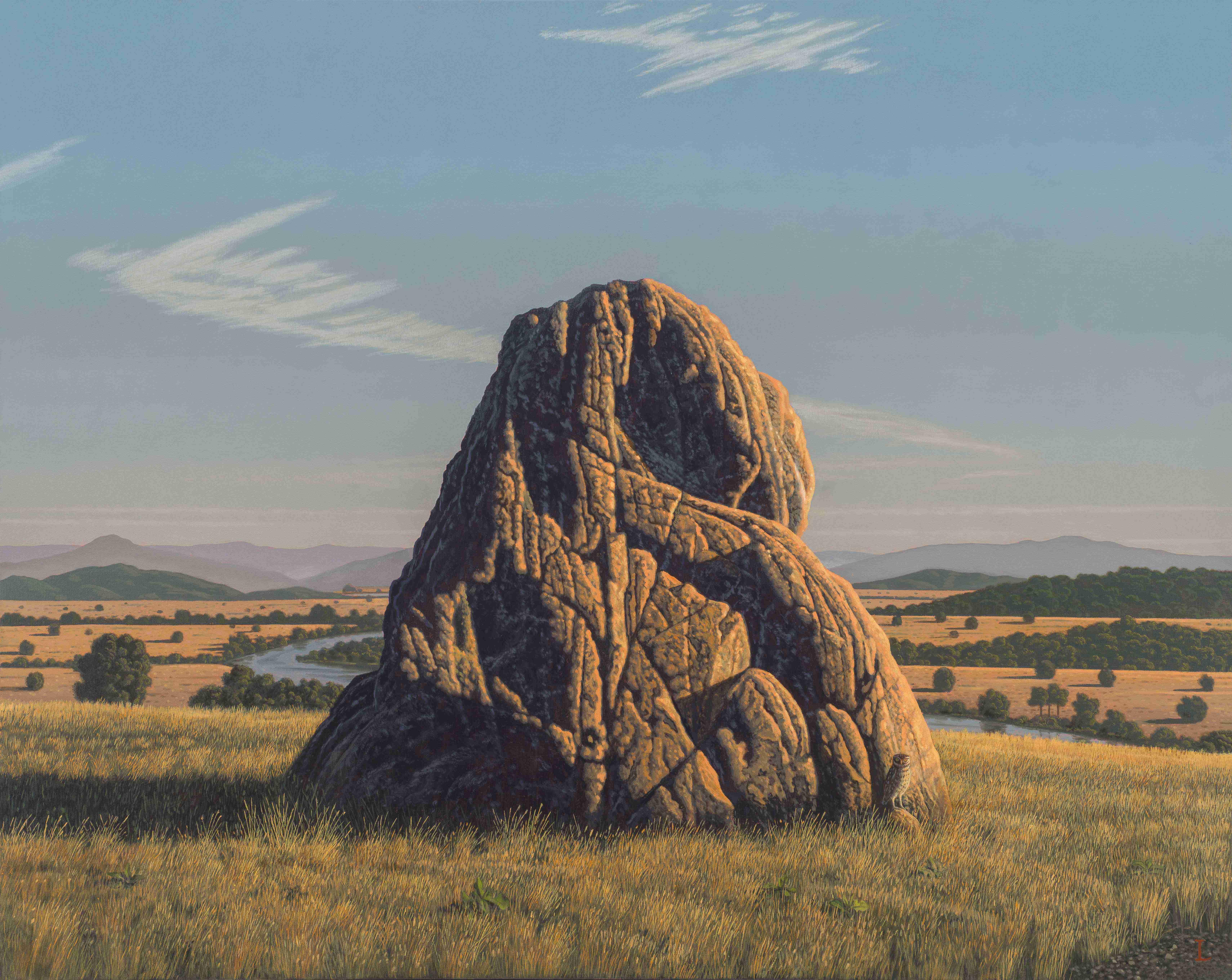 David Ligare Landscape Painting – Landschaft mit einer Eule (ATHENE NOCTUA) ( Eule aus Athen)