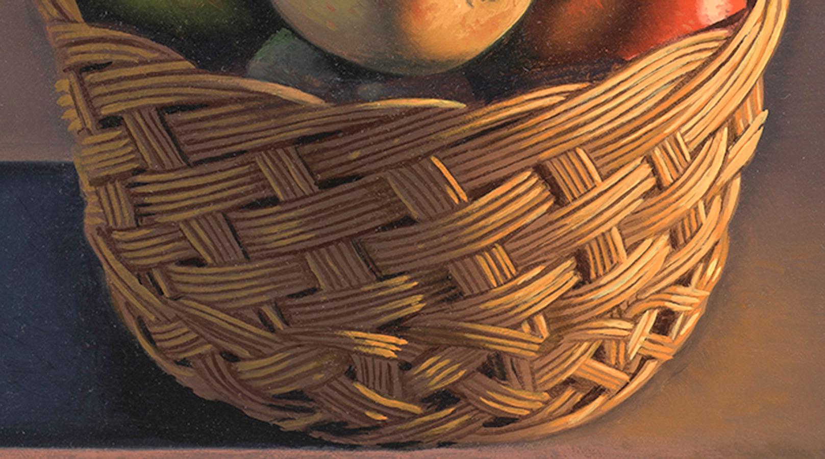 Bodegón con manzanas y cesta - Still-Life Painting Negro de David Ligare