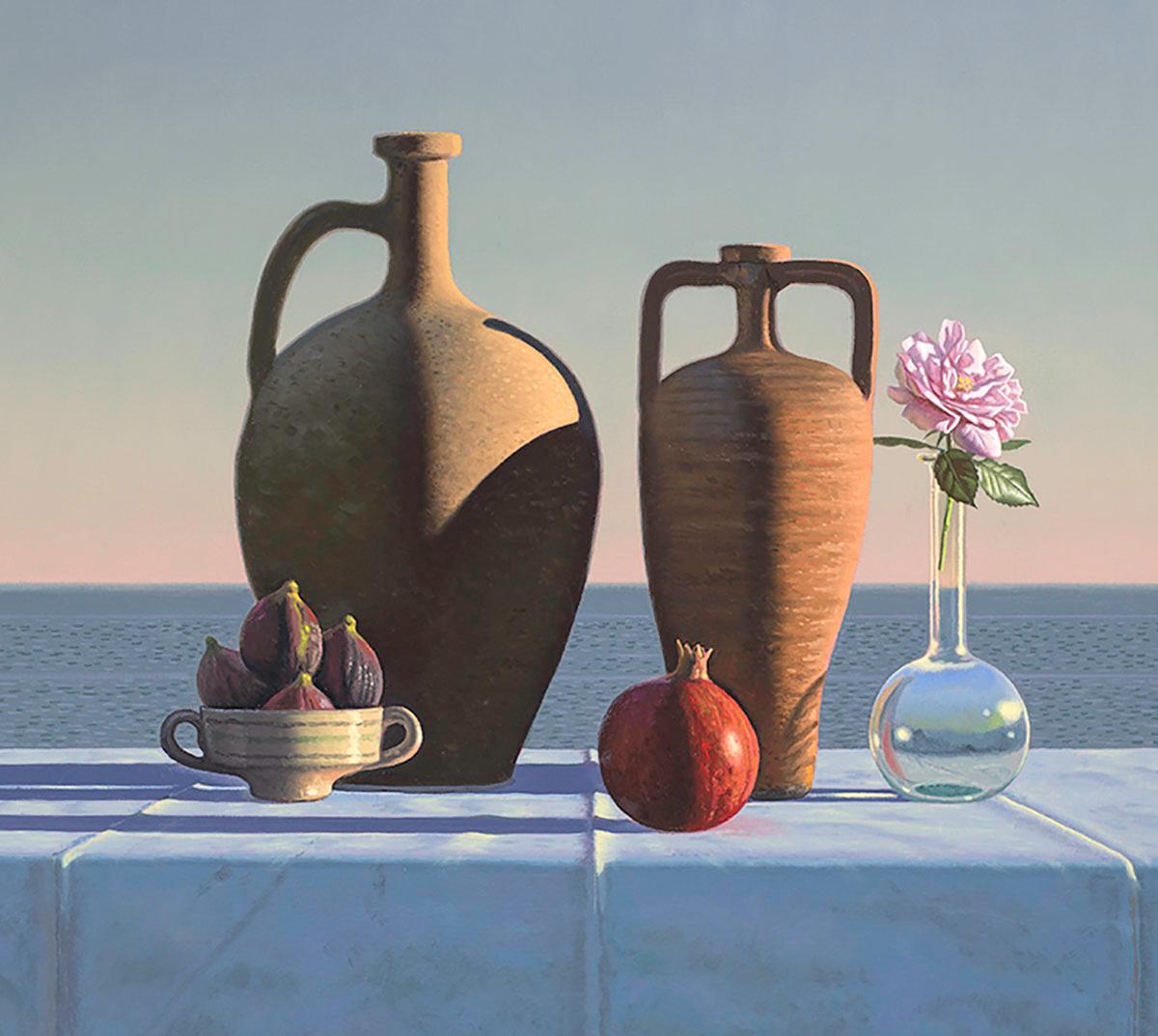 Stillleben mit Früchten, Granatapfeln und Rosen (Zeitgenössisch), Painting, von David Ligare