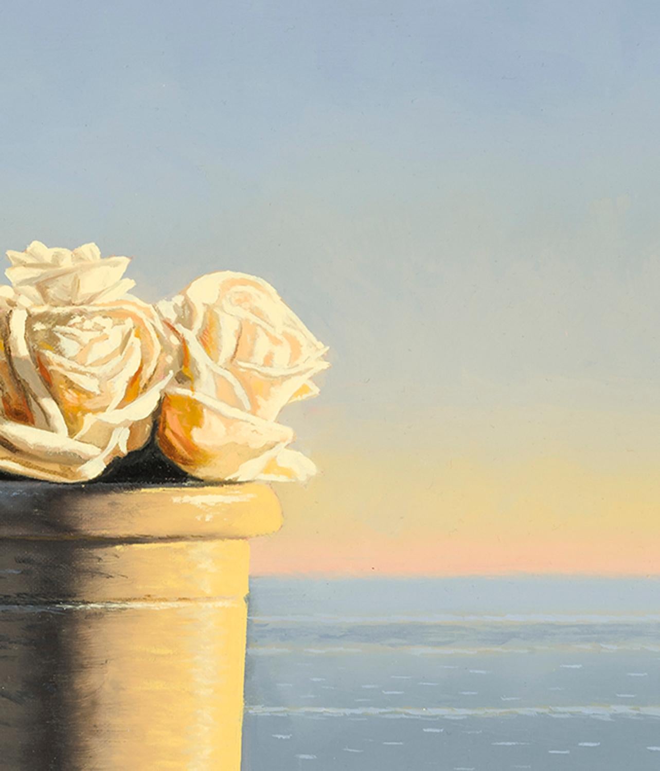 Still Life with White Roses in Pot - Painting by David Ligare