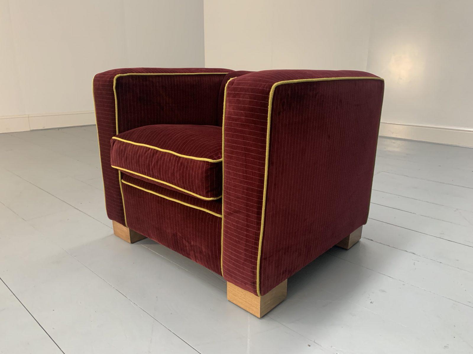 This is a superb David Linley “Chase” Armchair, dressed in a luxurious, top-grade Italian-velvet pinstripe-fabric in Deep Purple with Lime Green contrast-piping.

In a world of temporary pleasures, Linley create beautiful furniture built to last a
