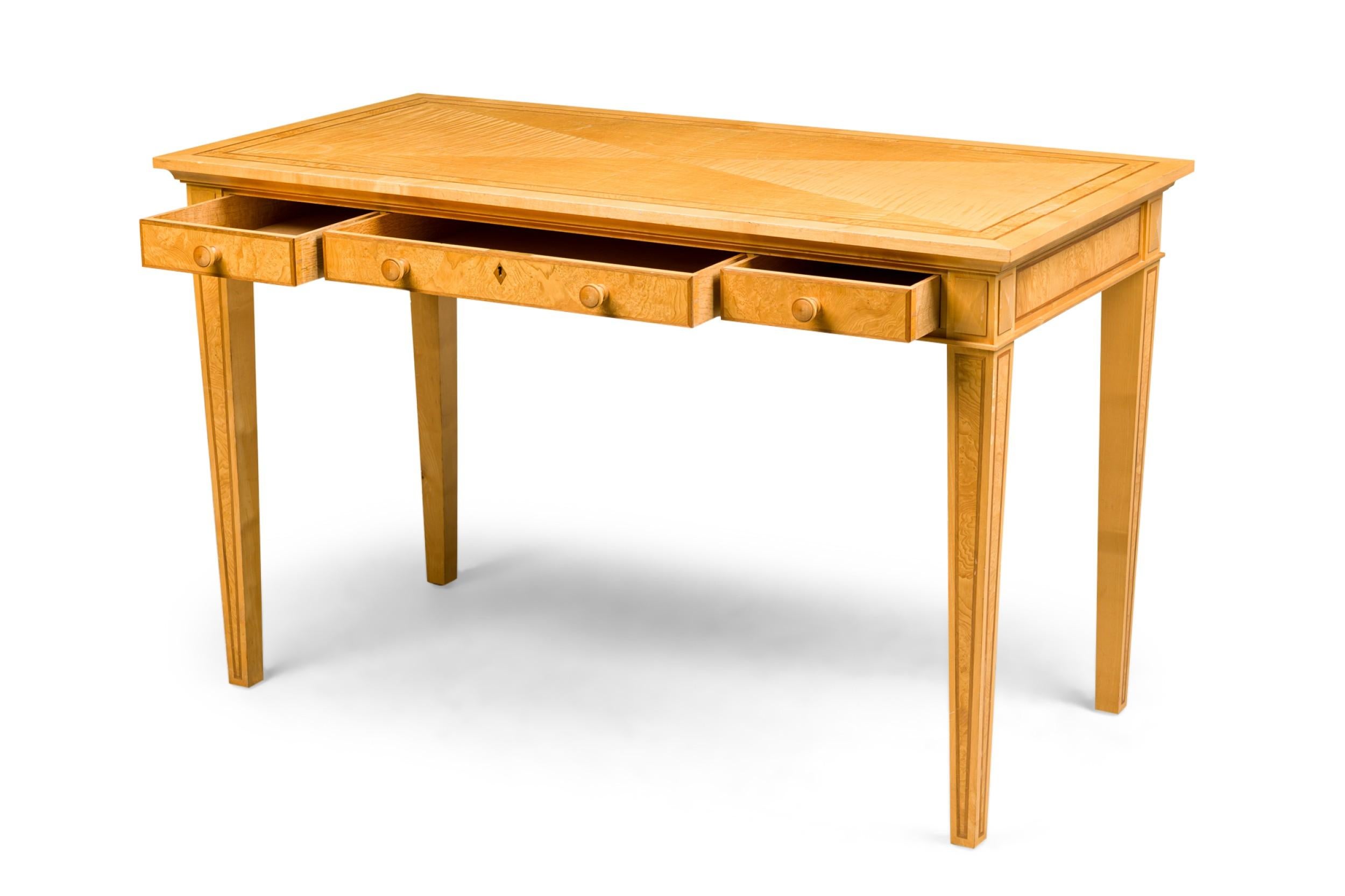 David Linley English Cherry Maple & Burr-ash Three Drawer Writing Desk In Good Condition For Sale In Queens, NY