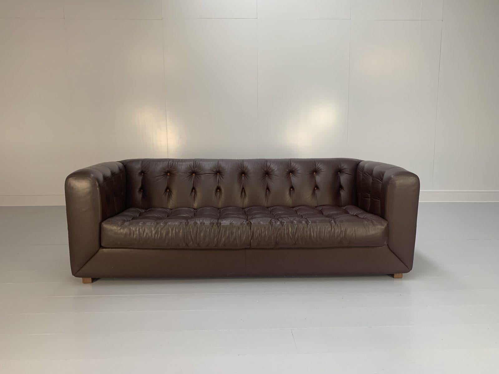 David Linley “Yoxford” Chesterfield 3-Seat Sofa in Brown Leather For Sale