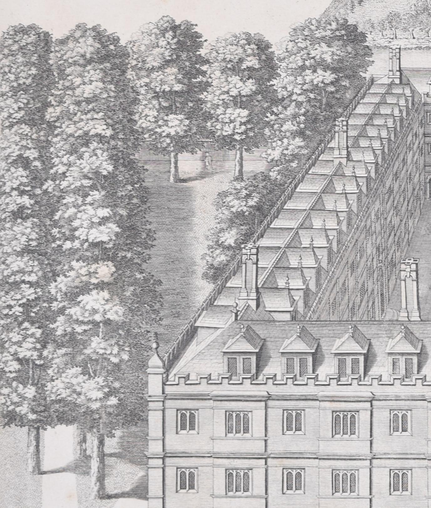 Clare College, Cambridge 1690 aerial view engraving by David Loggan For Sale 2