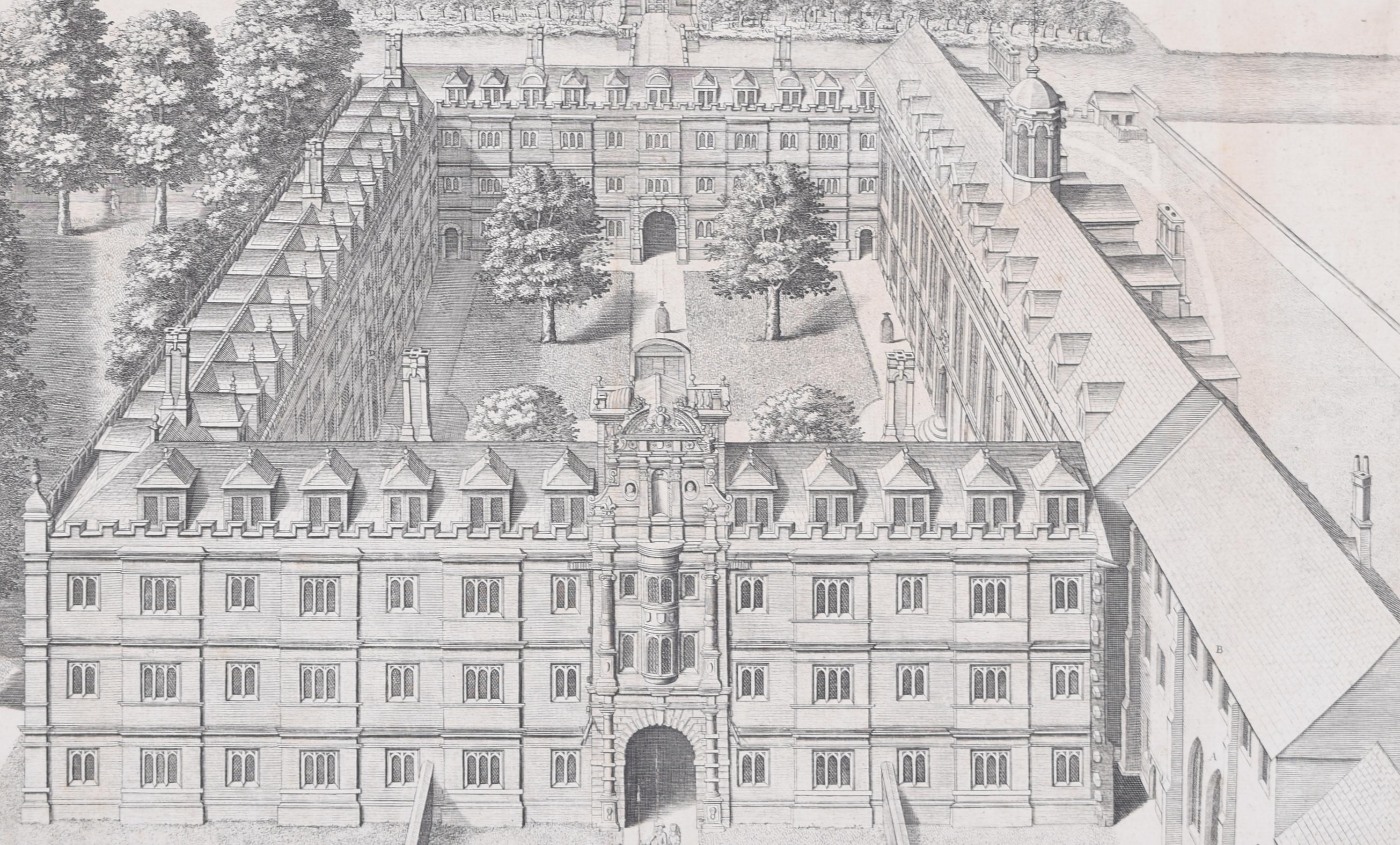 Clare College, Cambridge 1690, Luftaufnahmesgravur von David Loggan im Angebot 3