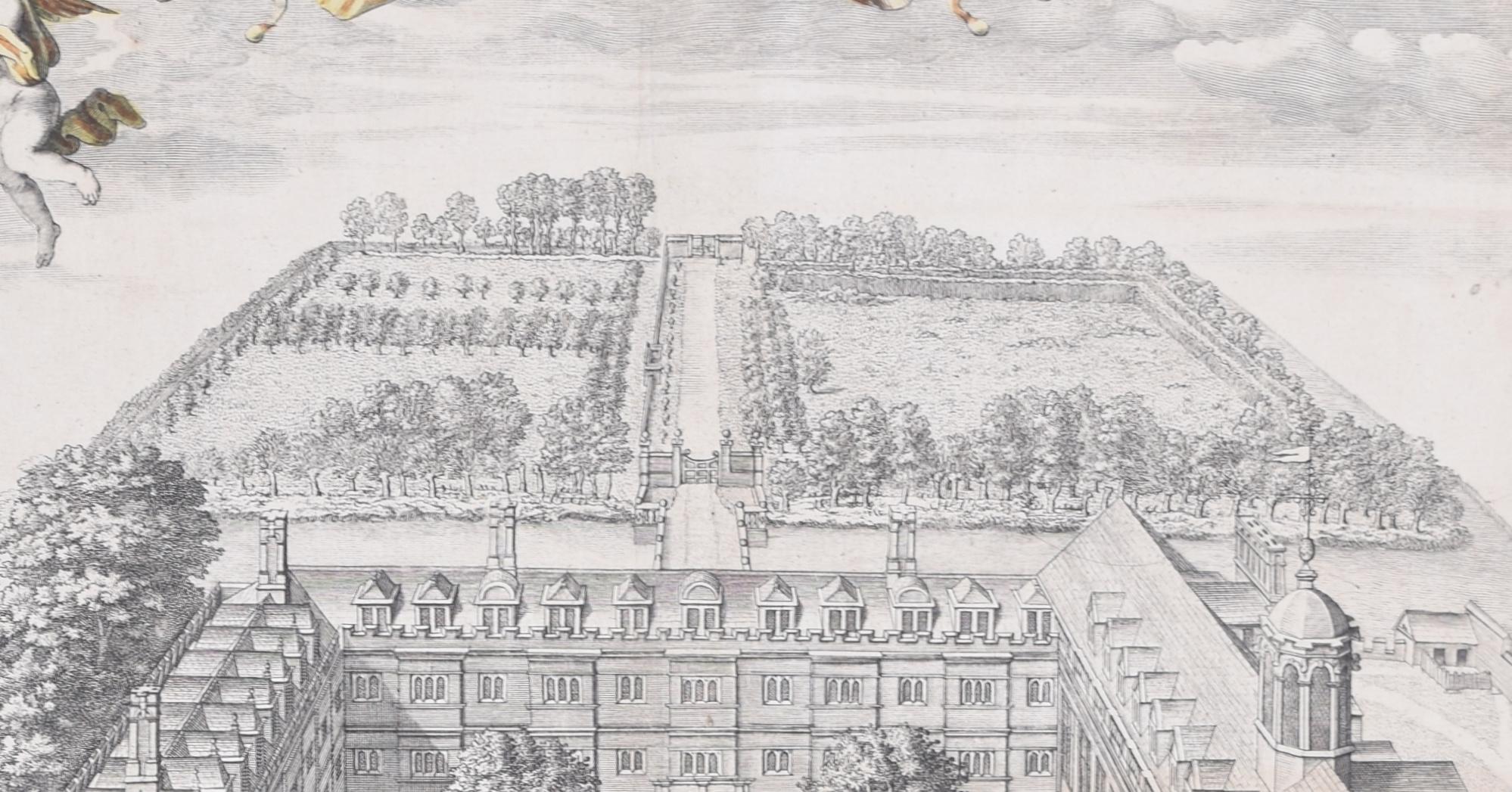 Clare College, Cambridge 1690, Luftaufnahmesgravur von David Loggan im Angebot 4