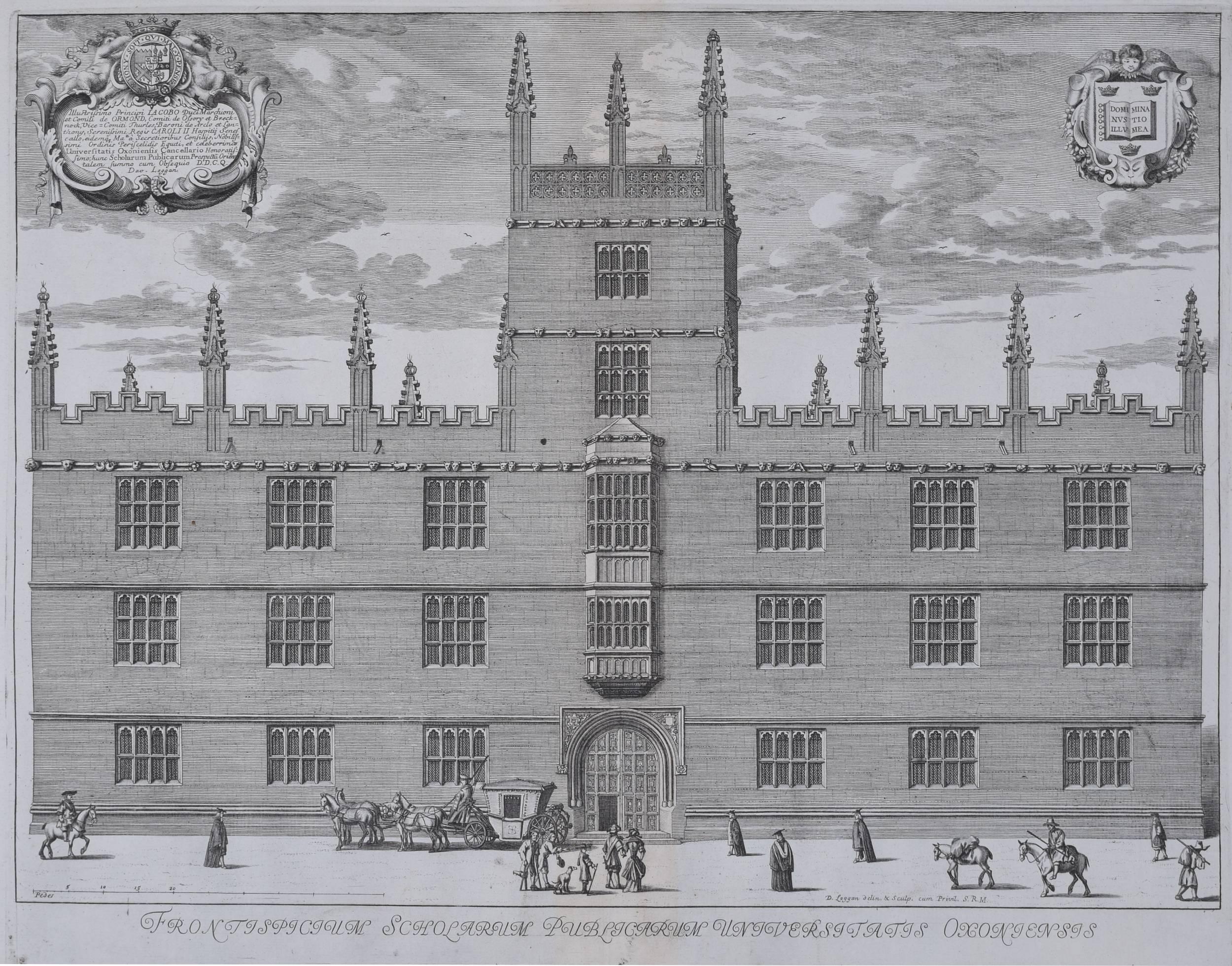 David Loggan (1634-1692)
Frontispice Écoles publiques
Gravure
33x42cm

Baptisé à Danzig en 1634, ses parents étaient anglais et écossais. Après avoir étudié la gravure à Danzig avec Willem Hondius (1598-1652 ou 1658), il s'installe à Londres à la