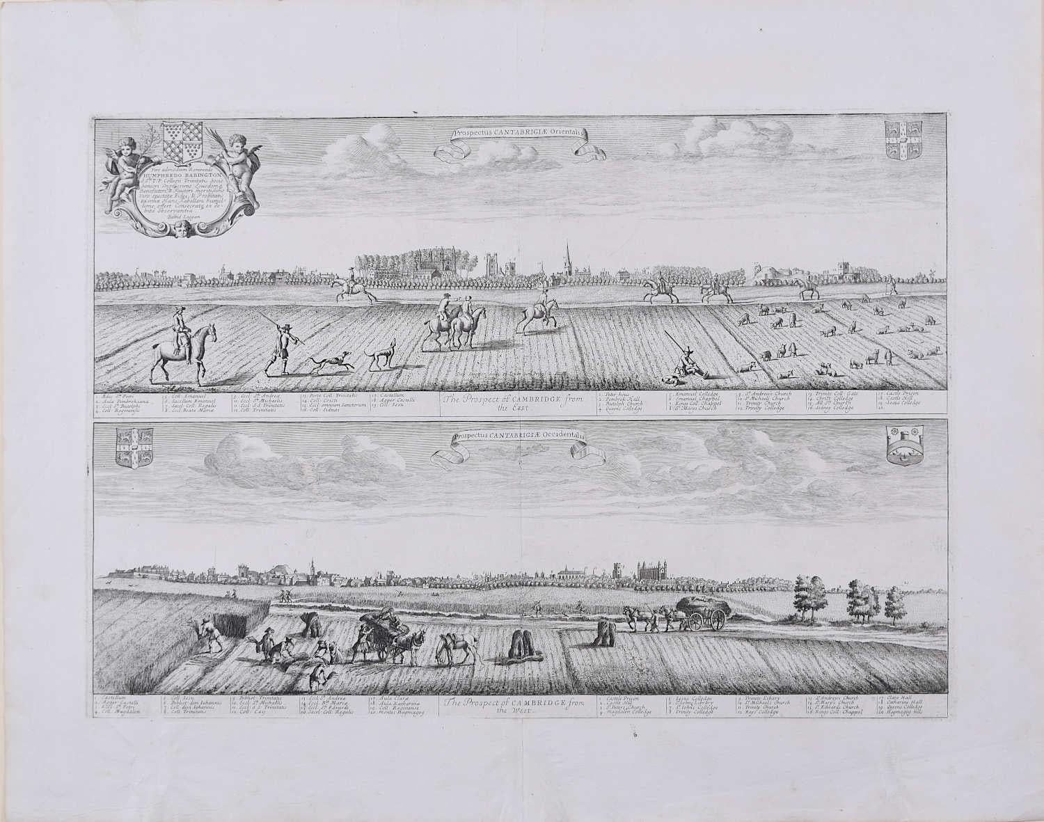 David Loggan (1634-1692)
Prospekt Cantabrigiae Orientalis & Occidentalis
Gravur
32 x 46 cm

Loggan wurde als Sohn englischer und schottischer Eltern geboren und 1634 in Danzig getauft. Nachdem er in Danzig bei Willem Hondius (1598-1652 oder 1658)