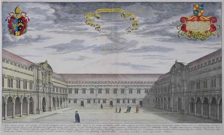 David Loggan (1634-1692)
St John's College Oxford - Canterbury Quad
Engraving 1675
31x50cm

Baptised in Danzig in 1634 Loggan's parents were English and Scottish. Studying engraving in Danzig with Willem Hondius (1598-1652 or 1658) he moved to