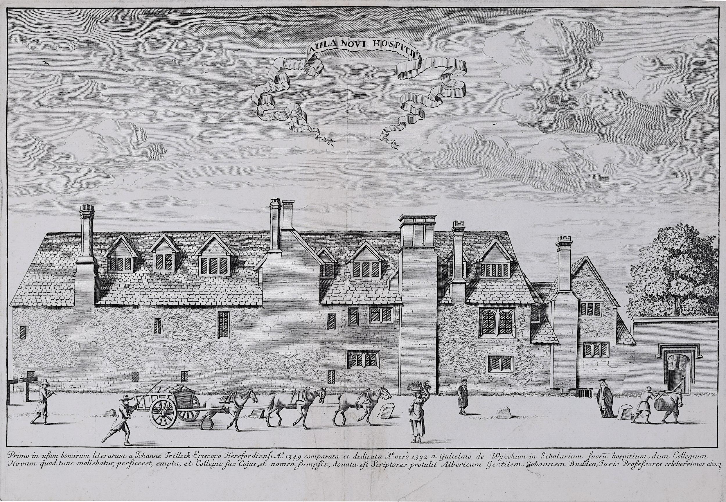 David Loggan (1634-1692)
St Peter's College Oxford - New Inn Hall, Aula Novi Hospitii
Engraving 1675
25x36cm

Baptised in Danzig in 1634 Loggan's parents were English and Scottish. Studying engraving in Danzig with Willem Hondius (1598-1652 or 1658)