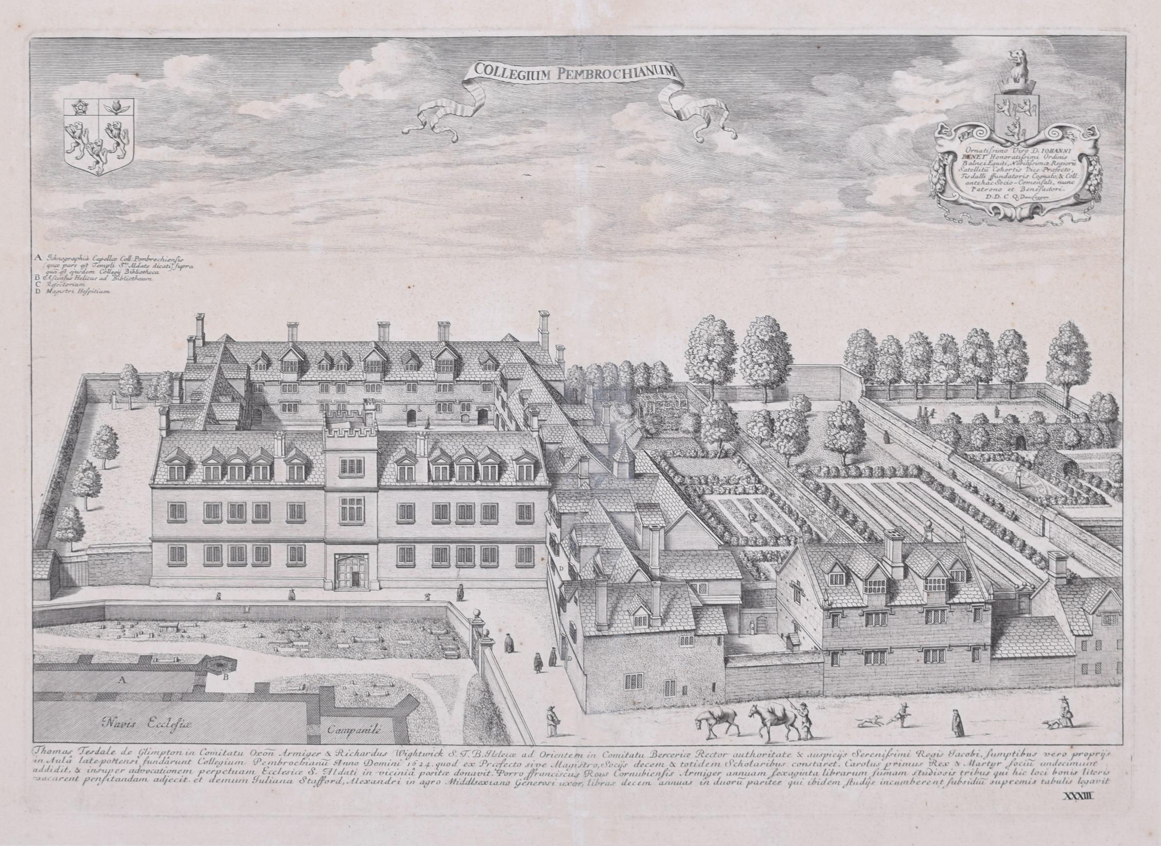 1705 gravure de David Loggan pour Pembroke College, Oxford en vente 4