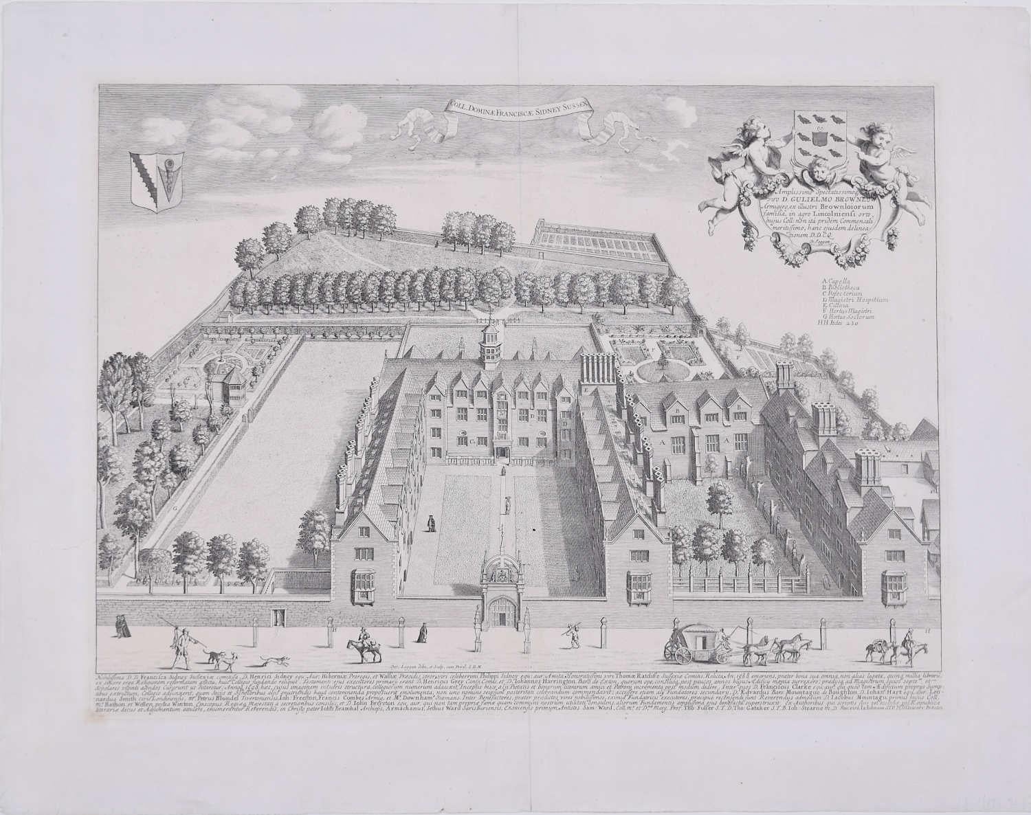 David Loggan (1634 - 1692)
Sidney Sussex College, Cambridge
Engraving
33 x 45 cm 

An eighteenth-century view of Sidney Sussex, Cambridge, engraved by David Loggan, the noted engraver, draughtsman, and painter.

Loggan was born to English and
