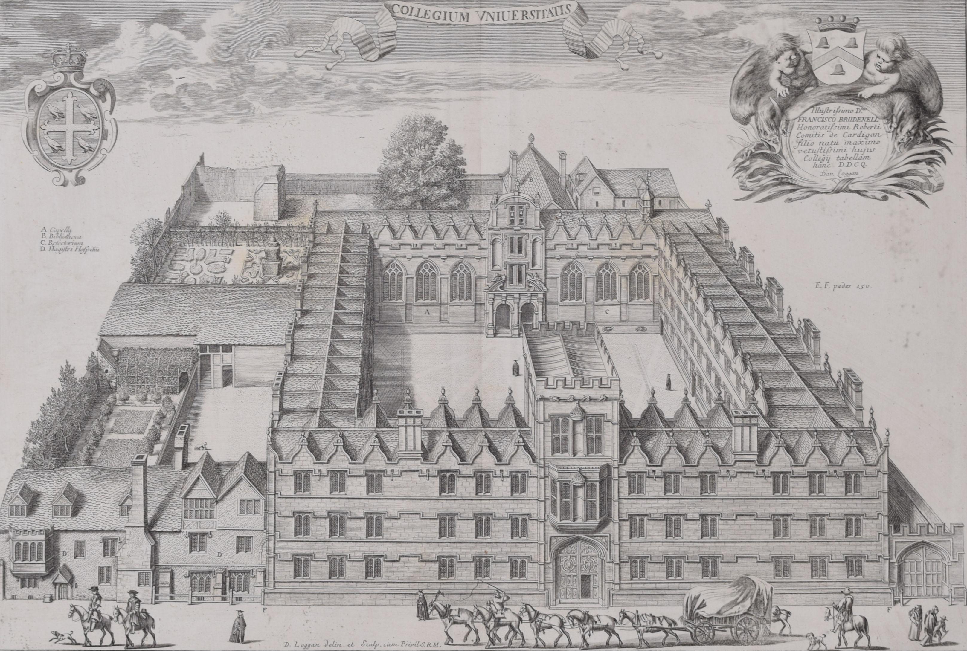 Gravure de l'Université College d'Oxford de David Loggan de 1675 en vente 1