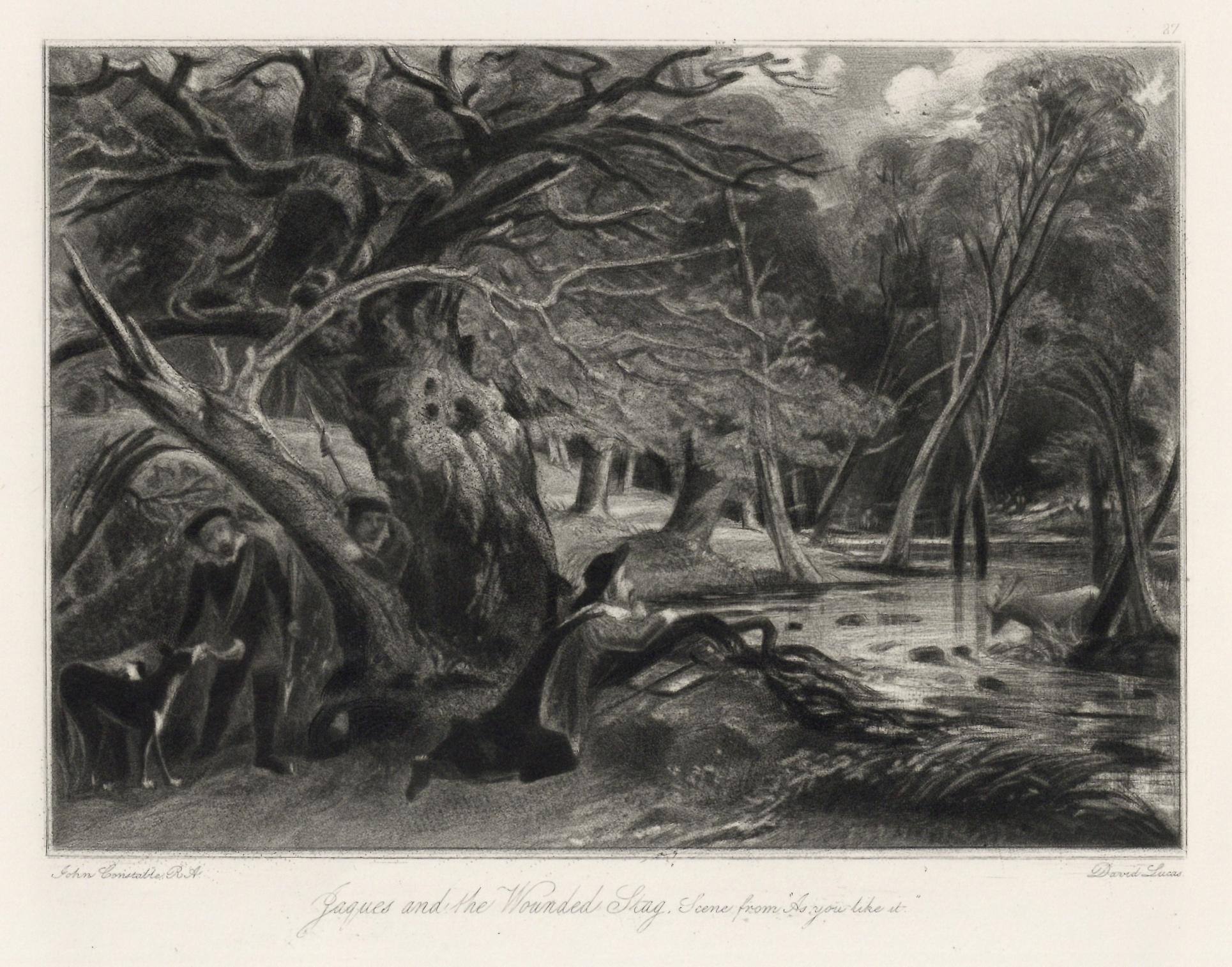 Landscape Print di David Lucas - (dopo) John Constable mezzatinta "Jacques e il cervo ferito"